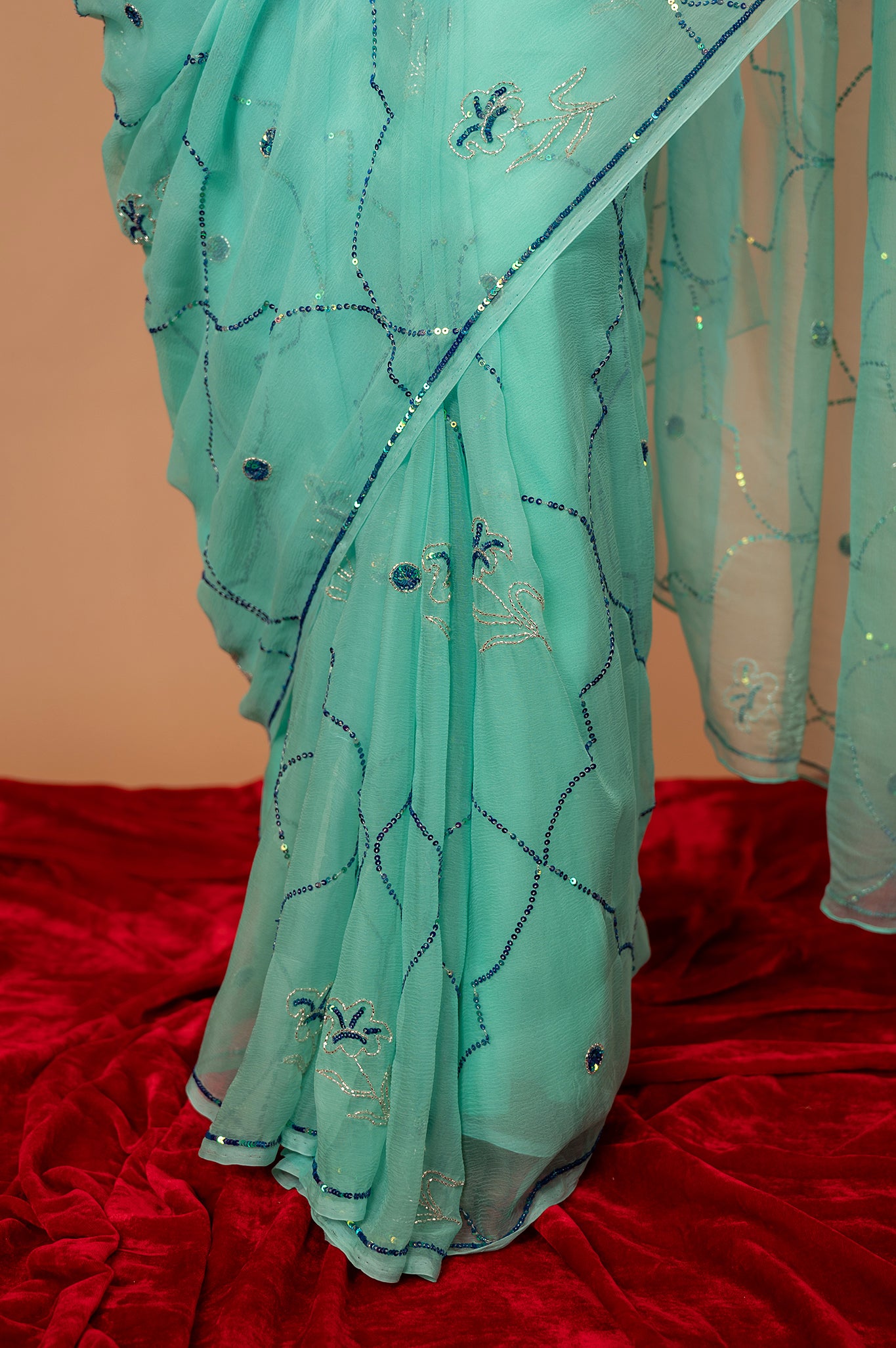 Sea Green viscose chiffon sequins jaal handwork casual wear saree