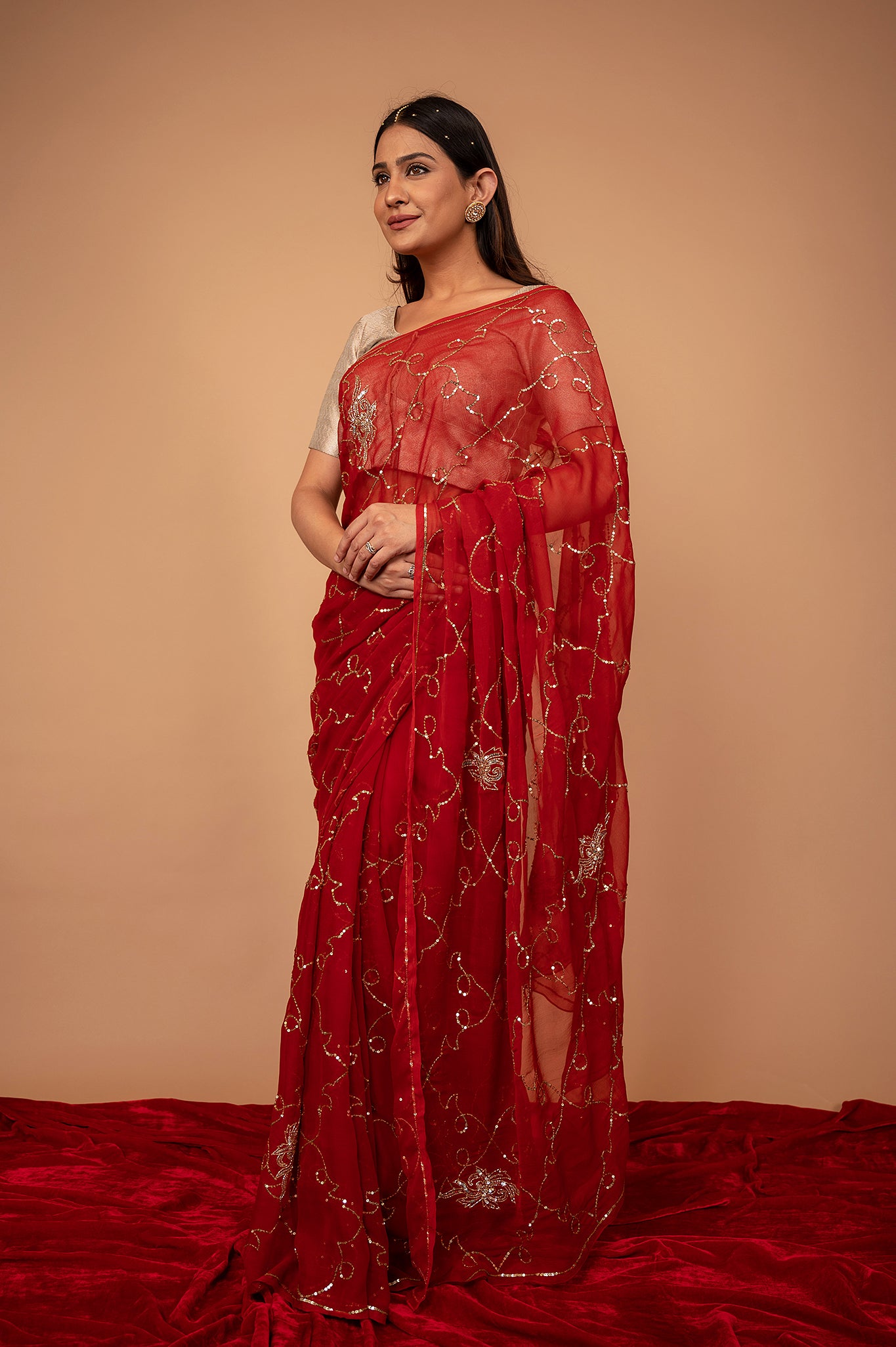Red viscose chiffon Aari Sequins jaal handwork casual wear saree