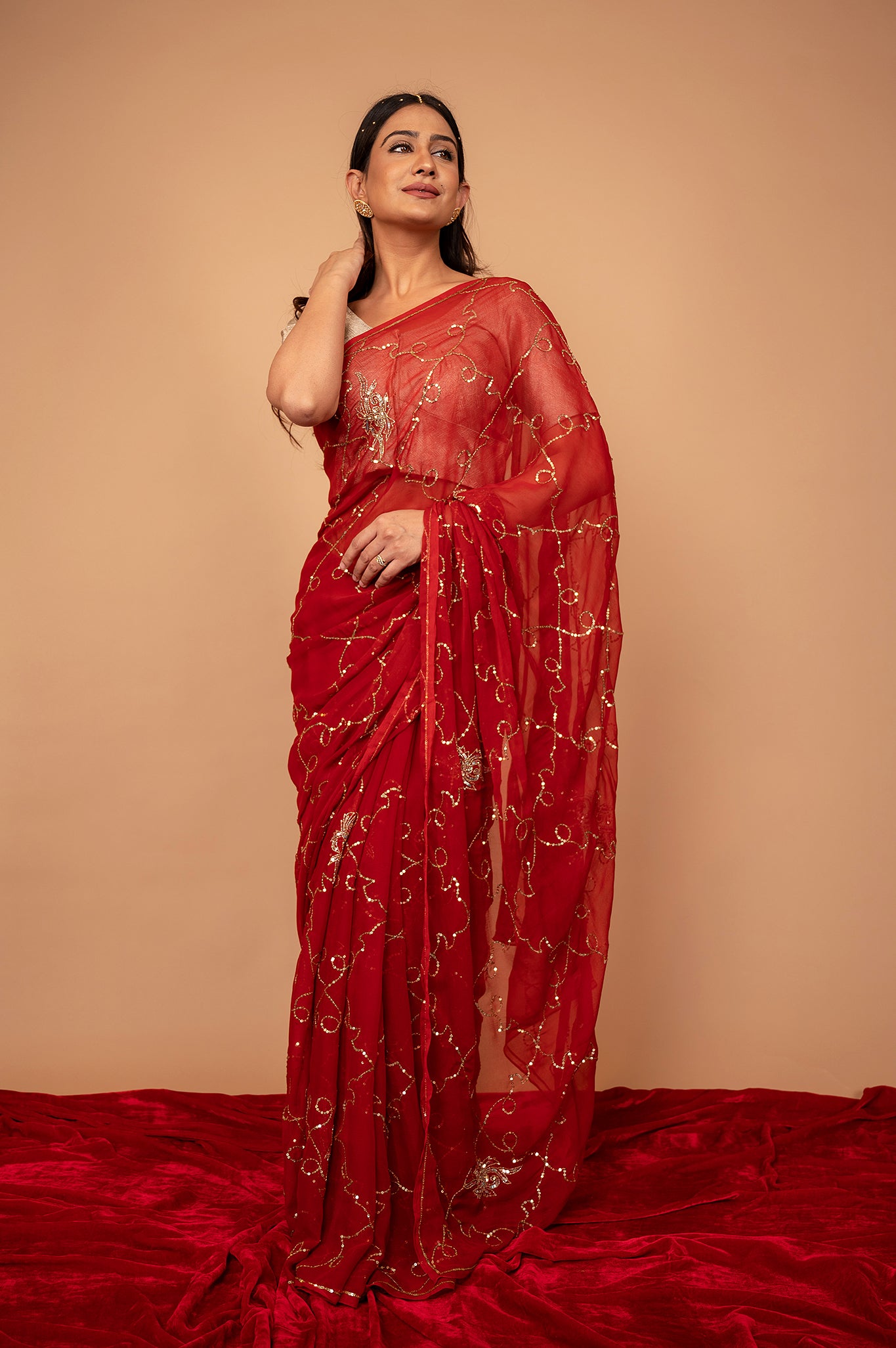 Red viscose chiffon Aari Sequins jaal handwork casual wear saree