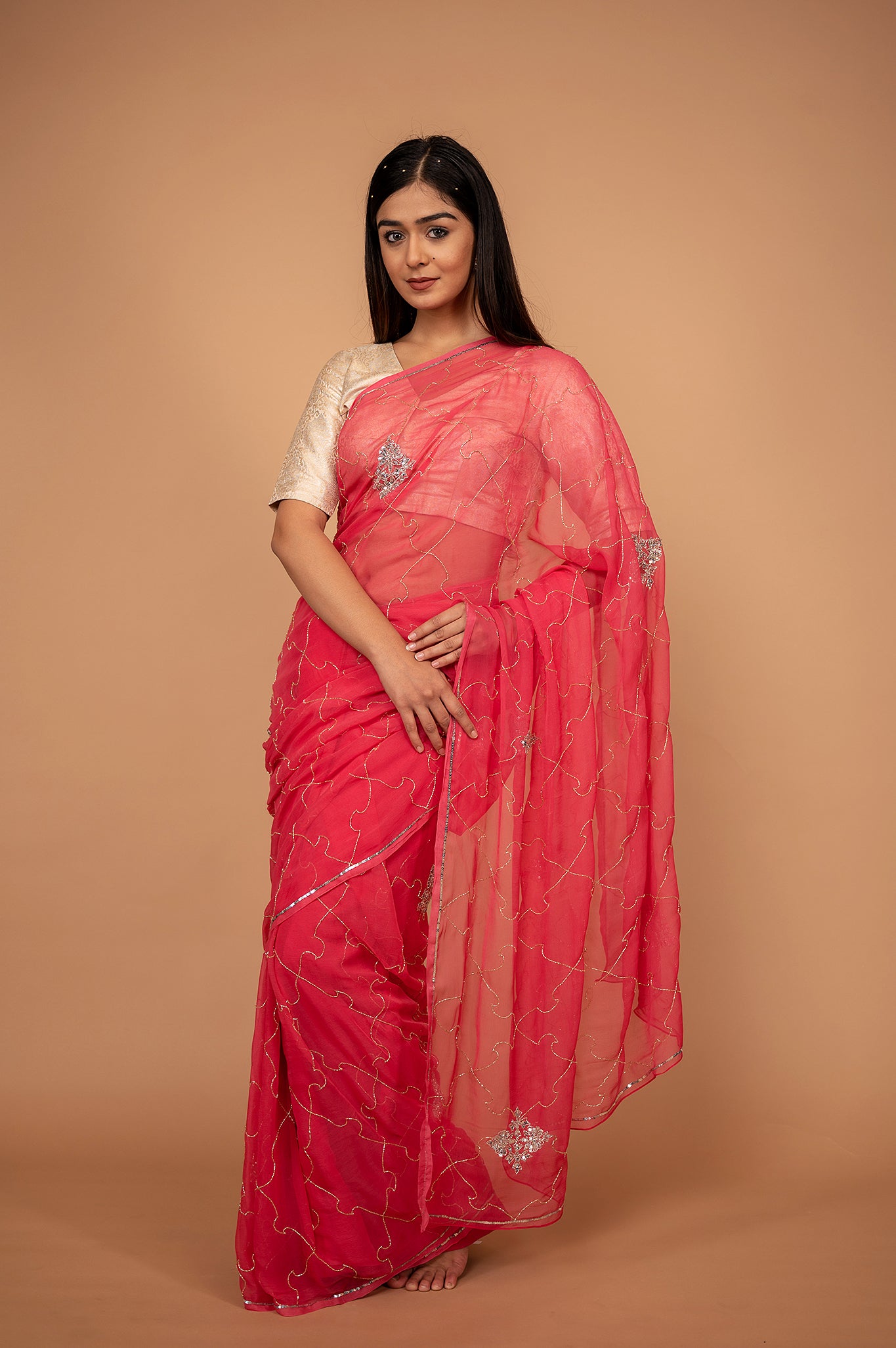 Peach Pink viscose chiffon Kardana sequins Jaal handwork casual wear saree