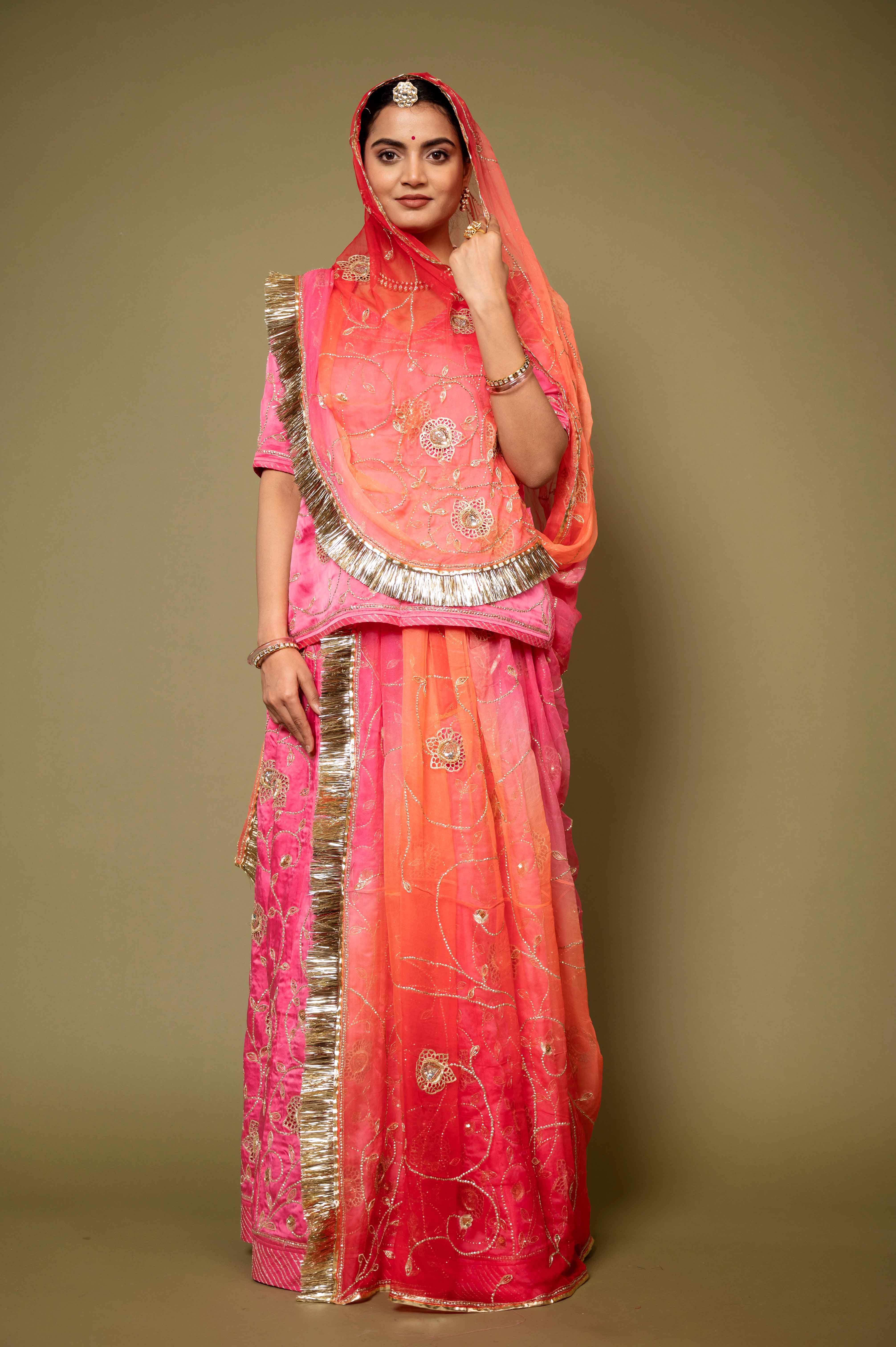 pink bamber satin aari katori cut work handwork rajputi Poshak with pure odhna