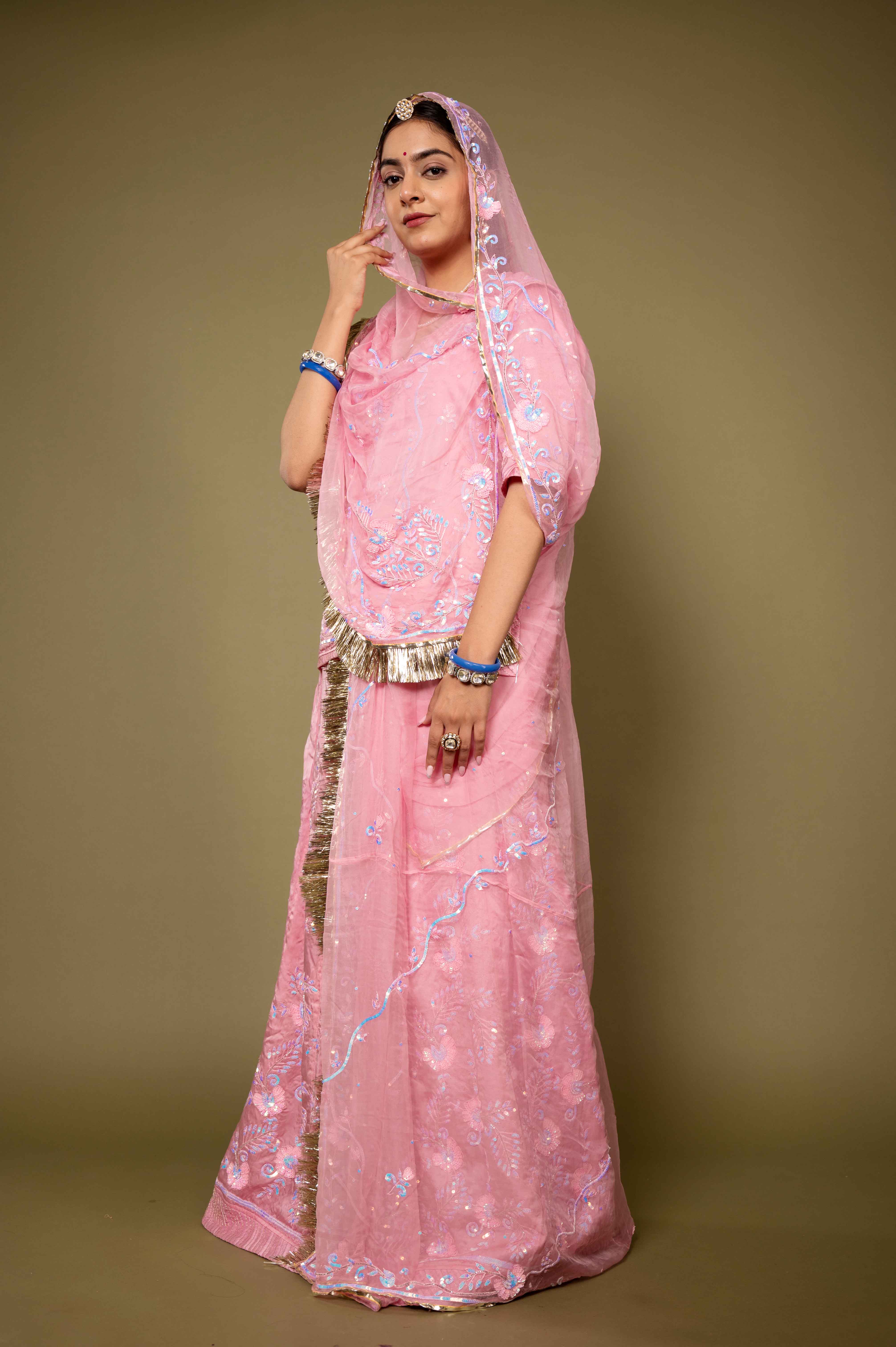 pink bamber satin sequins handwork rajputi Poshak with pure odhna