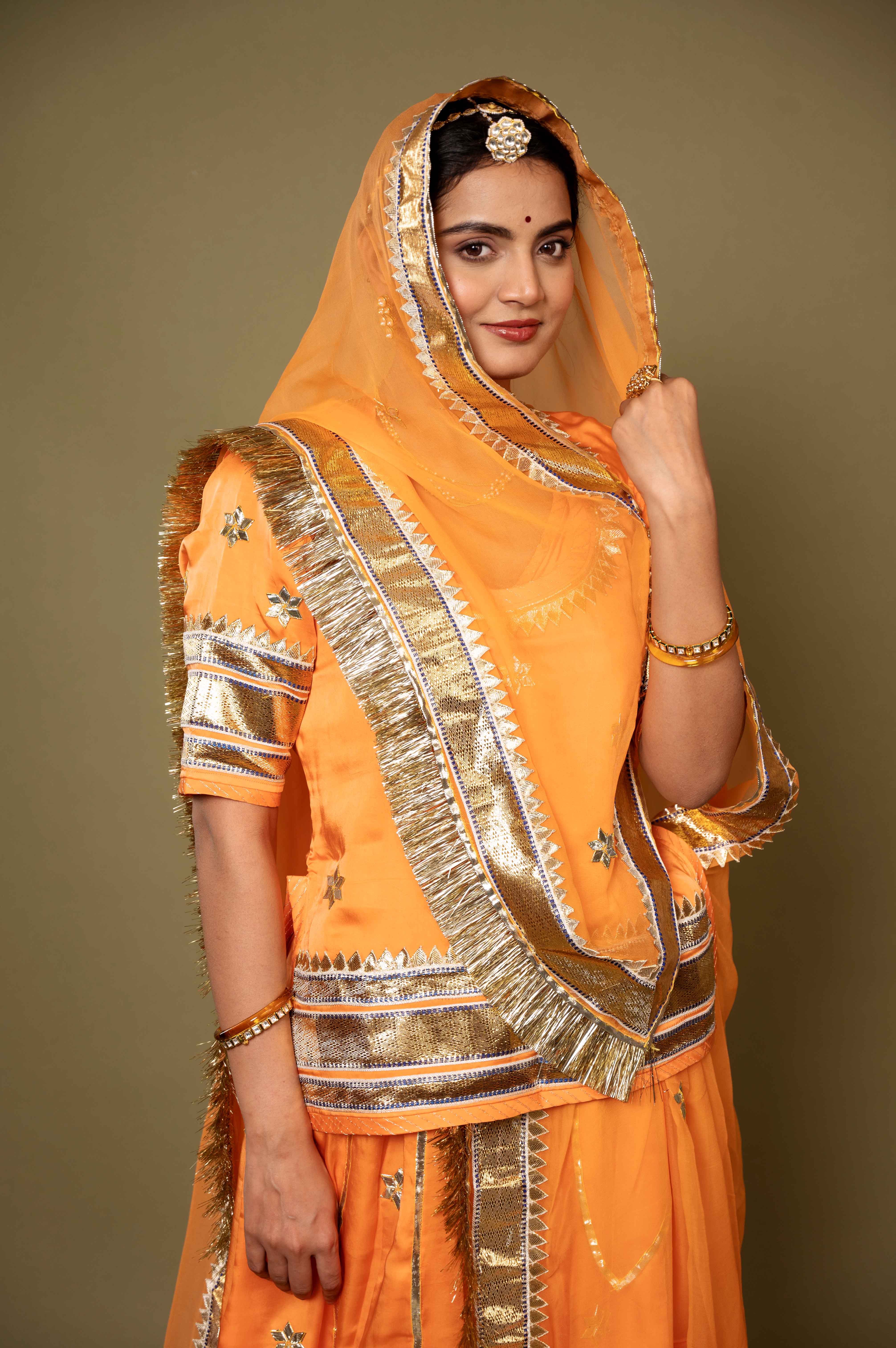 orange bamber satin gotta patti laffa handwork rajputi Poshak with pure odhna
