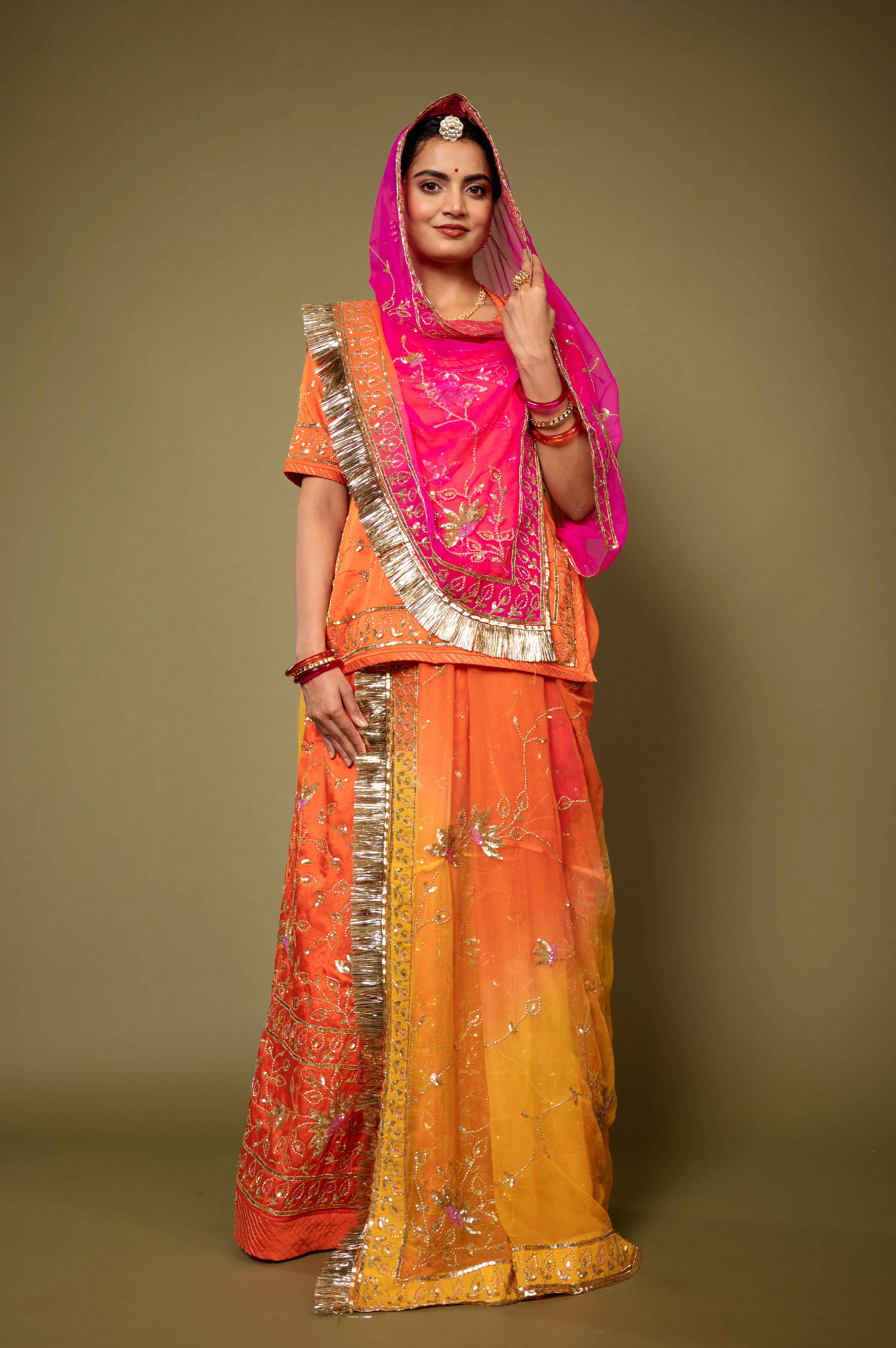 orange bamber satin aari katori handwork rajputi Poshak with pure odhna