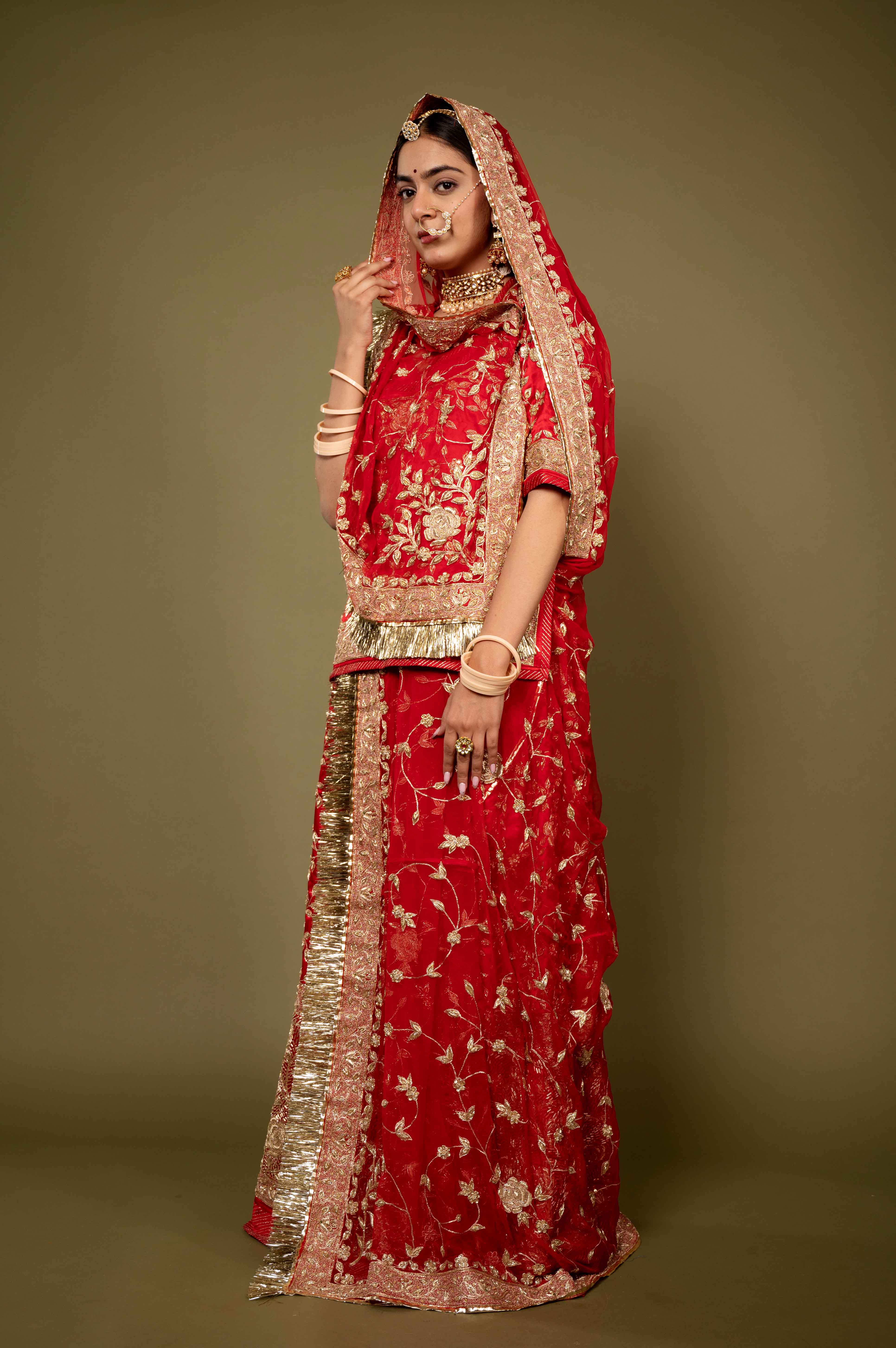red pure satin zardozi handwork rajputi Poshak with pure odhna