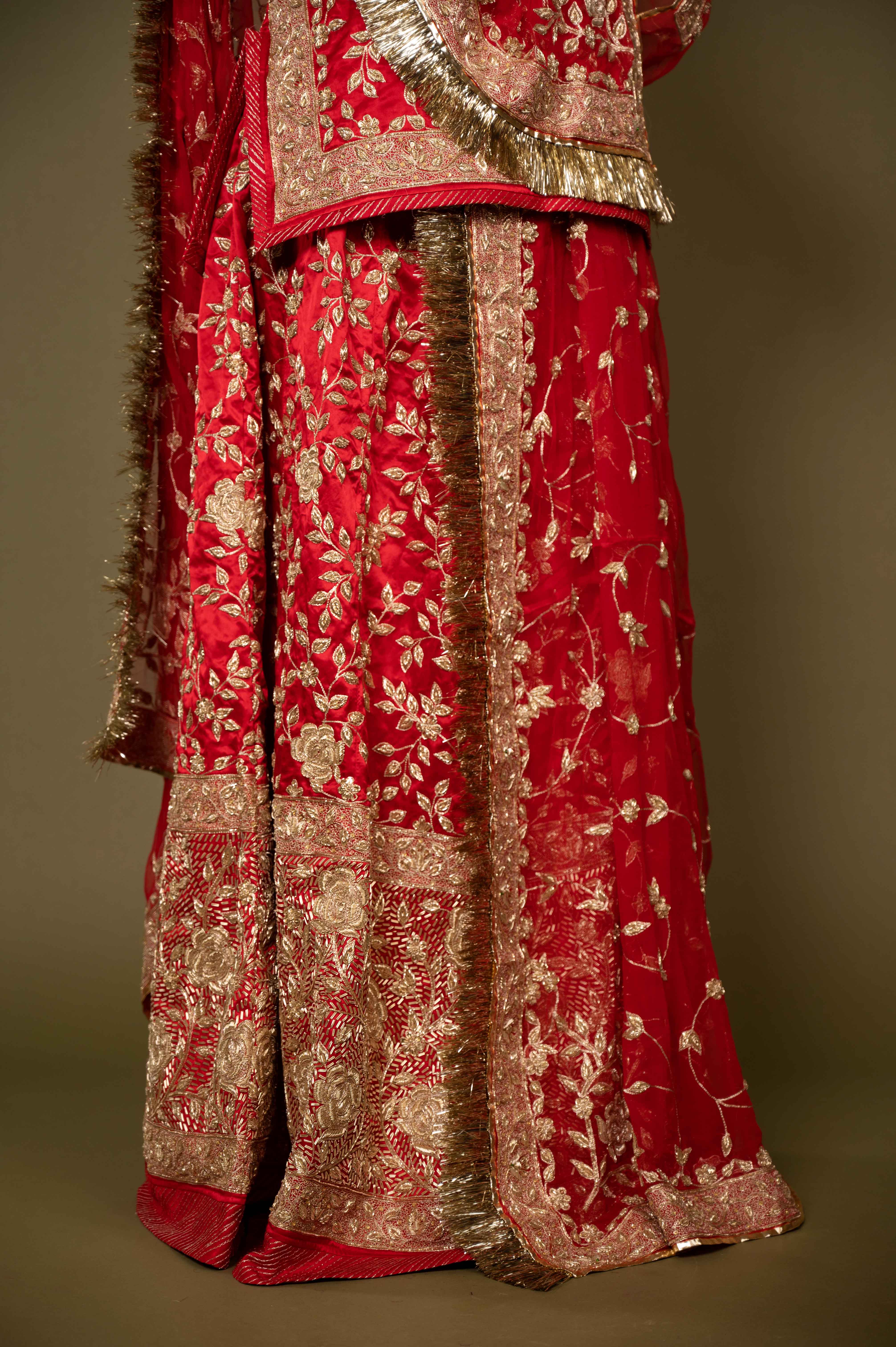 red pure satin zardozi handwork rajputi Poshak with pure odhna