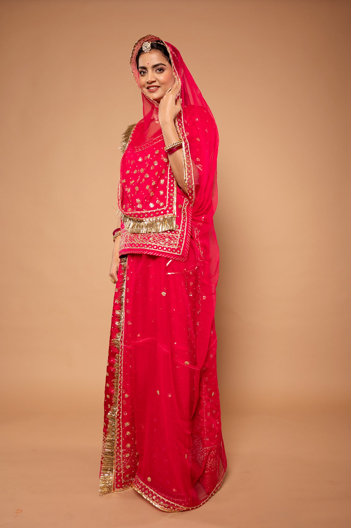 Cherry Red bamber satin zardozi handwork rajputi Poshak with pure odhna