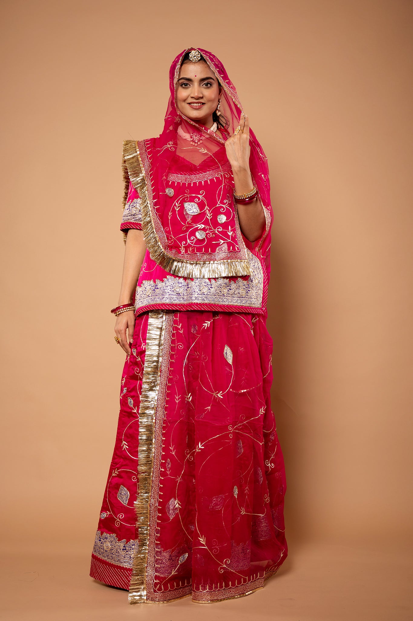 poppy pink bamber satin chanderi handwork rajputi Poshak with pure odhna