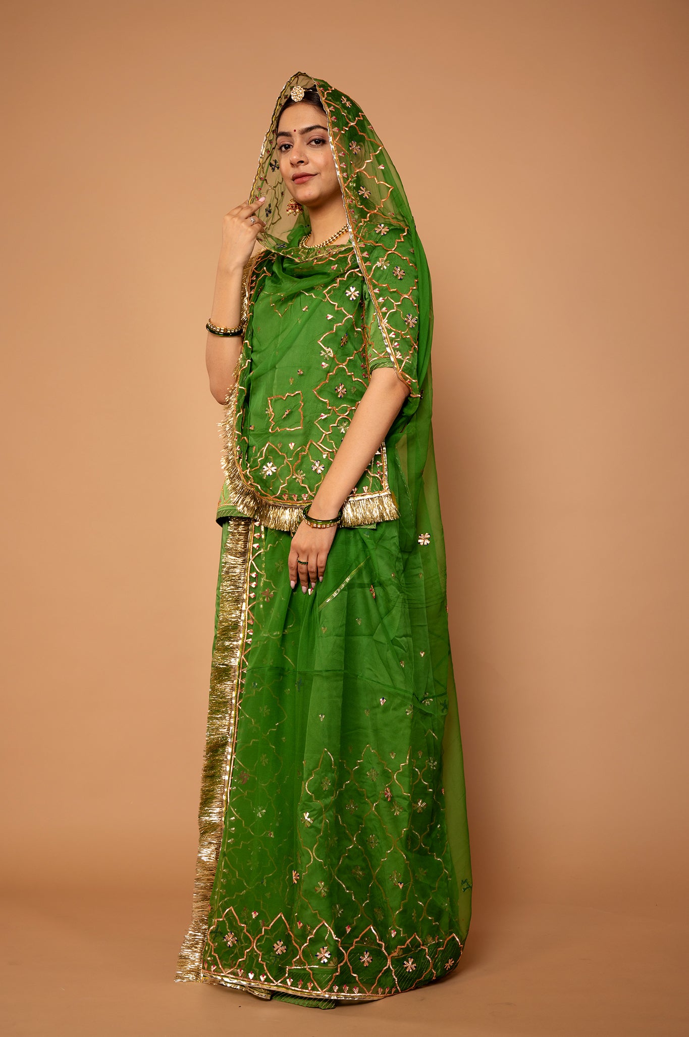 forest green Bamber Satin Sikhiya Gotta handwork rajputi Poshak with pure odhna