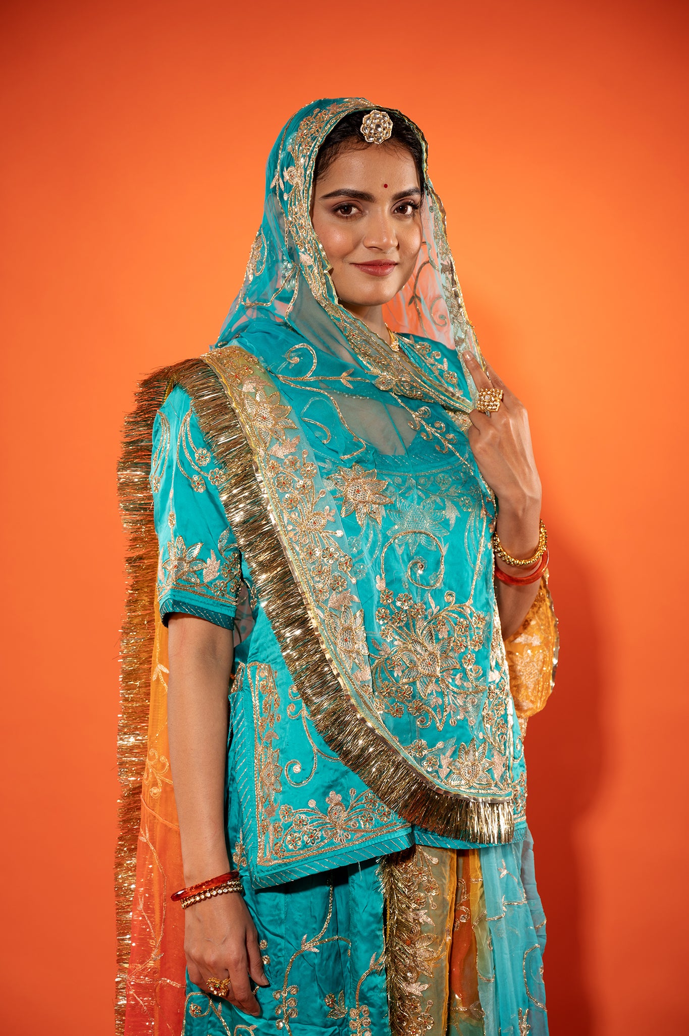 Deep Aqua Bamber Satin zardozi handwork rajputi Poshak with pure odhna