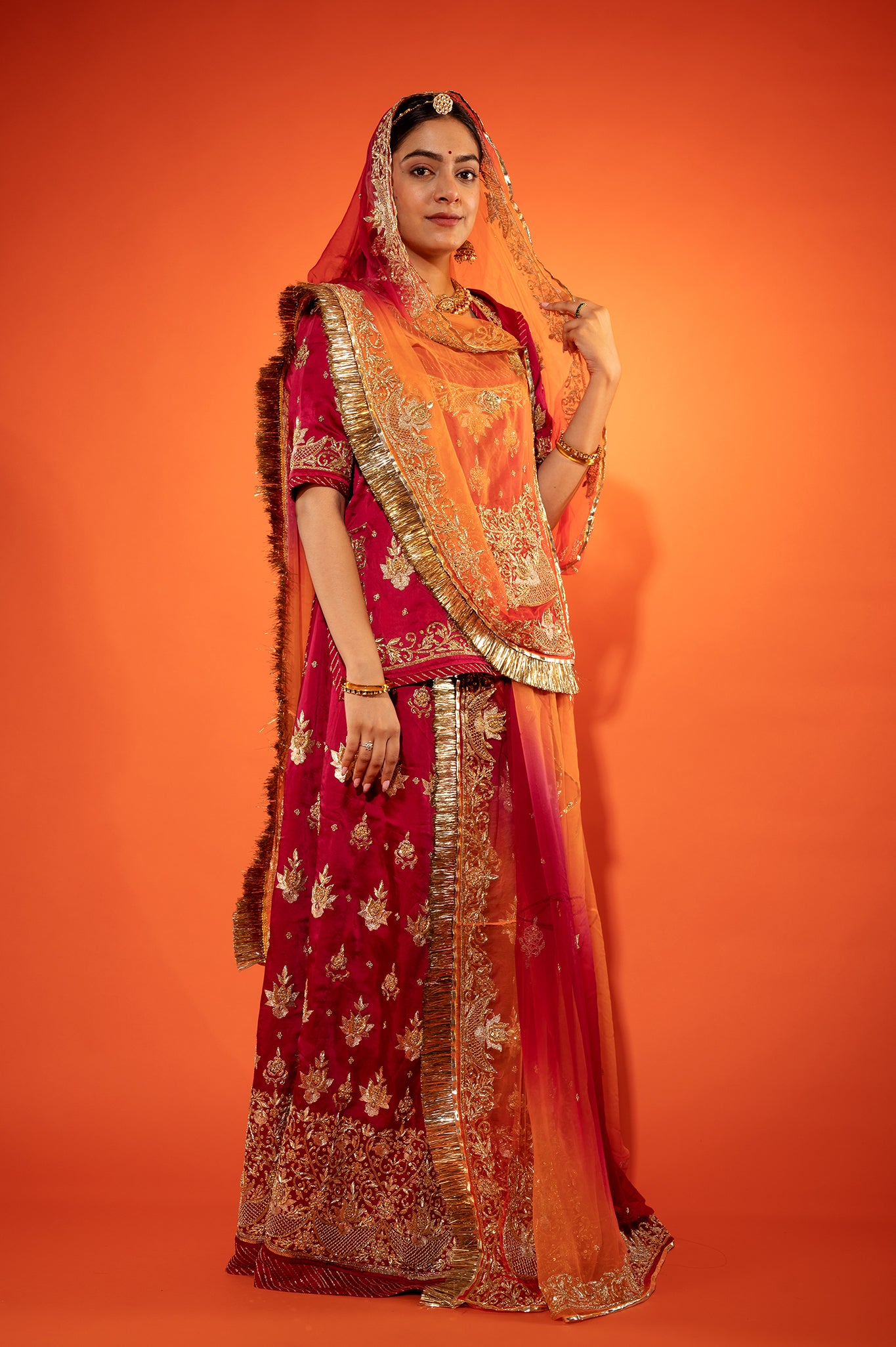 Burgundy Bamber Satin zardozi handwork rajputi Poshak with pure odhna