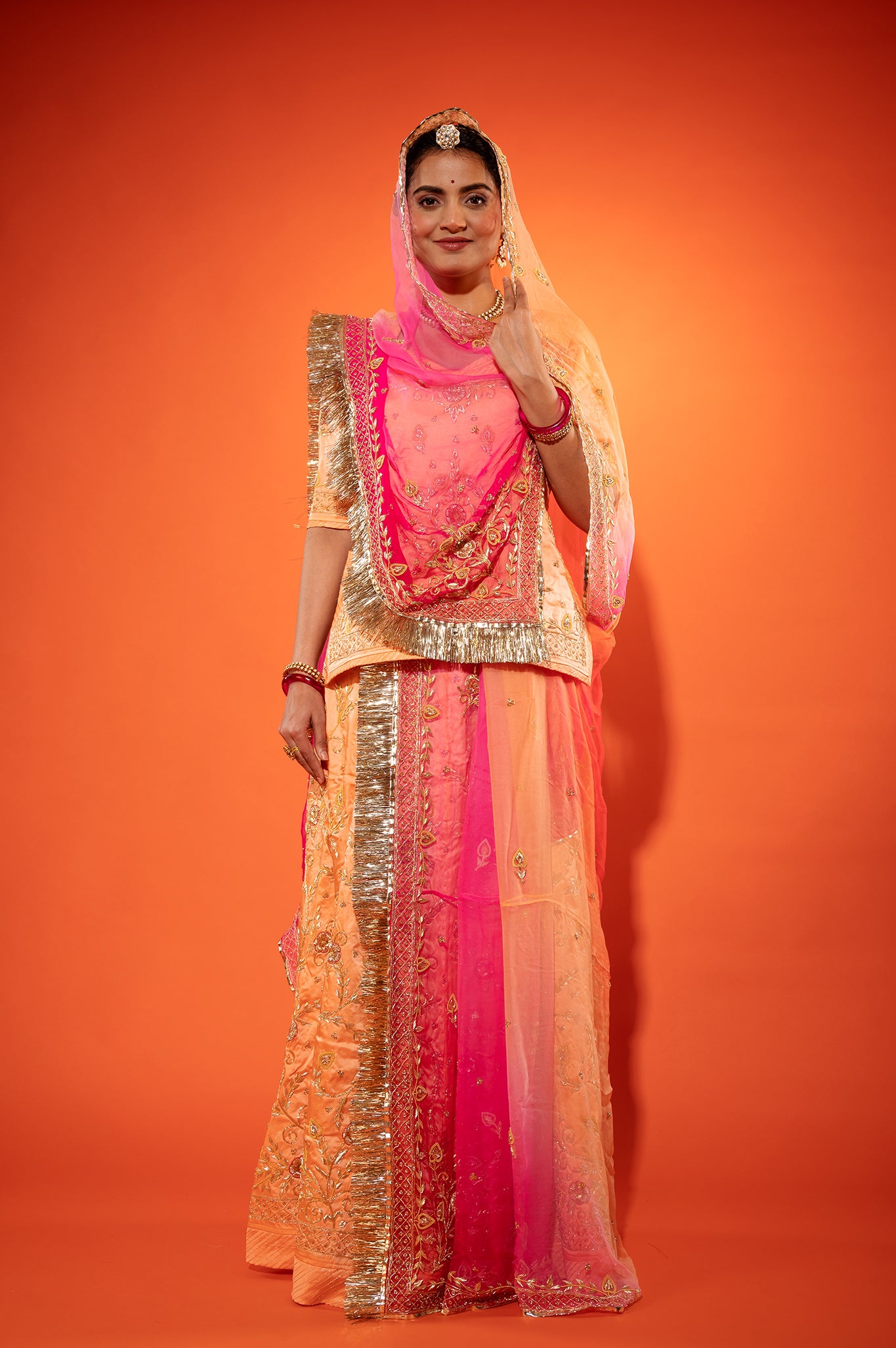 Peach Bamber Satin zardozi handwork rajputi Poshak with pure odhna