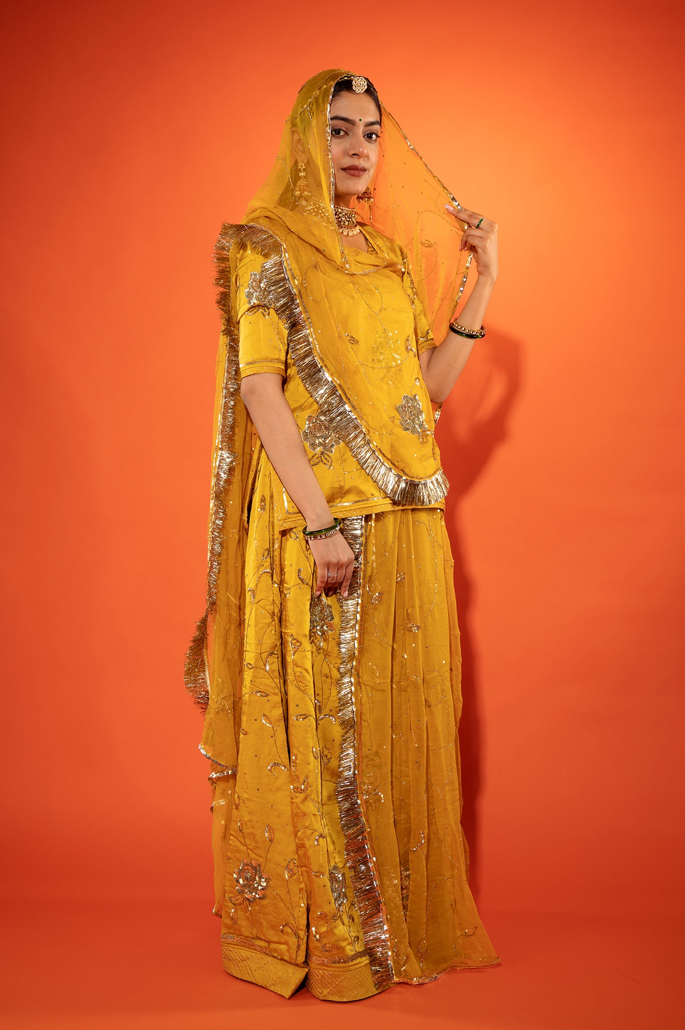 Metallic gold bamber satin sequins handwork rajputi Poshak with pure odhna