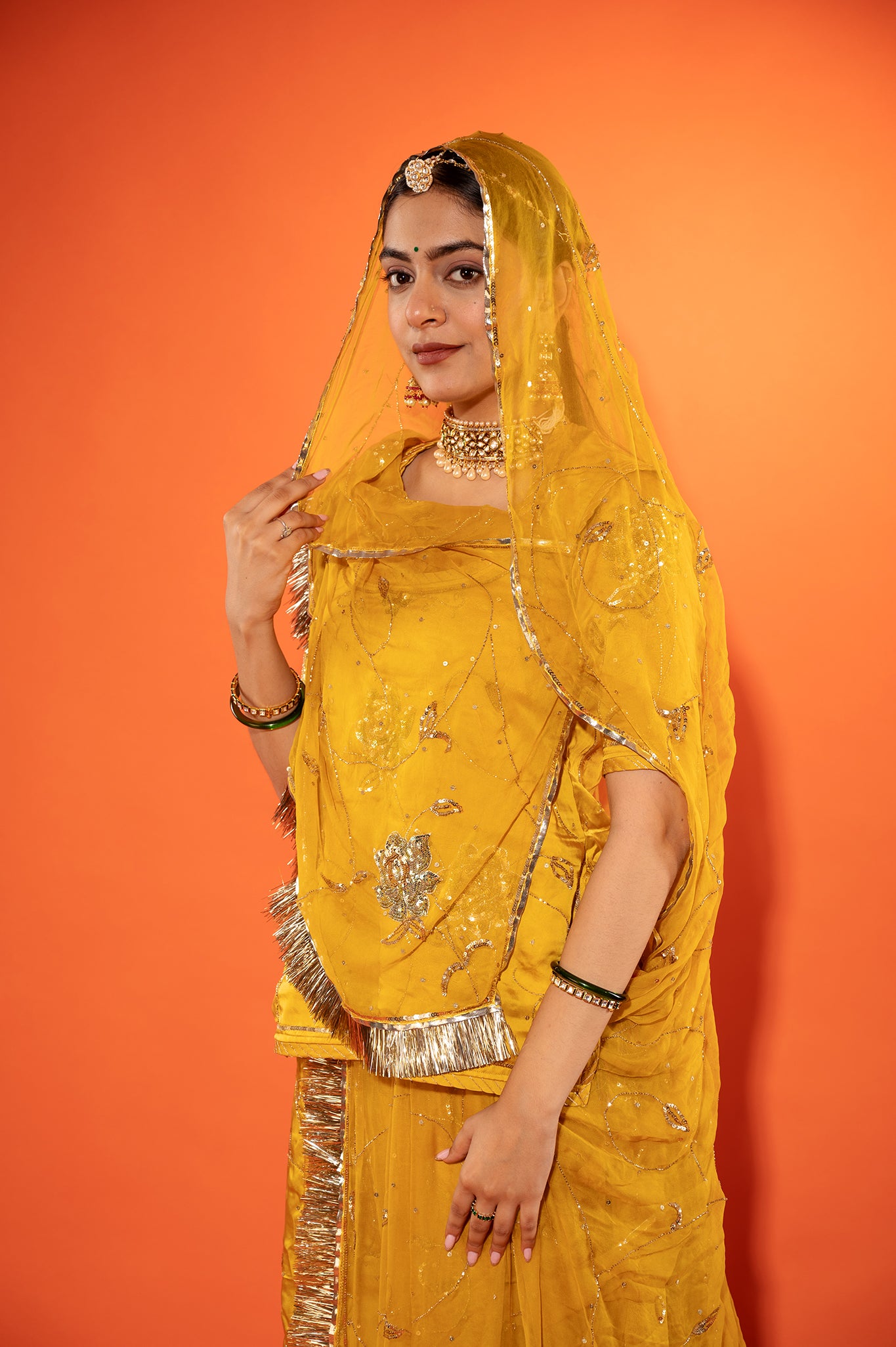 Metallic gold bamber satin sequins handwork rajputi Poshak with pure odhna