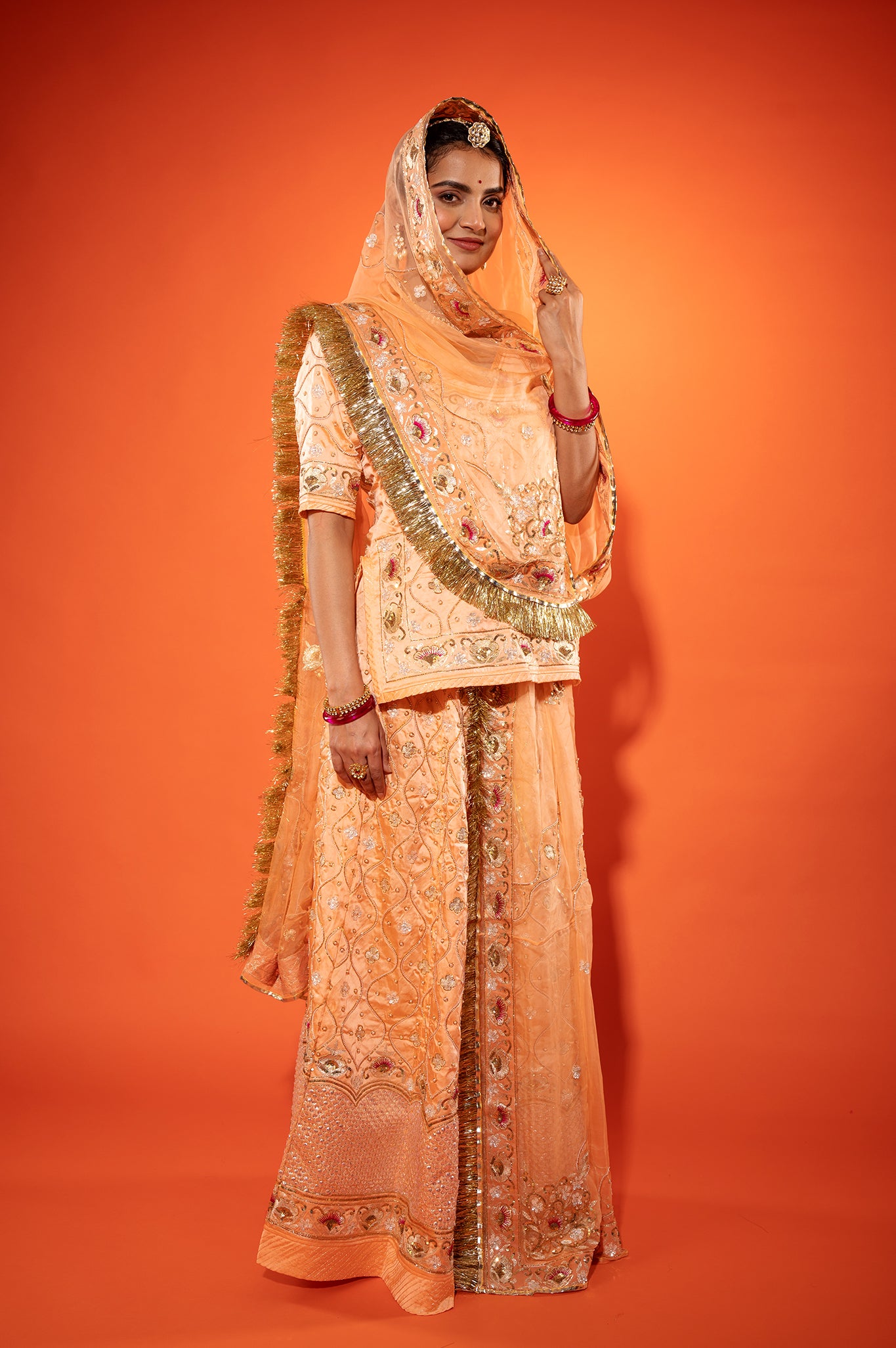 peach pure silk Satin aari zardozi handwork rajputi Poshak with pure odhna