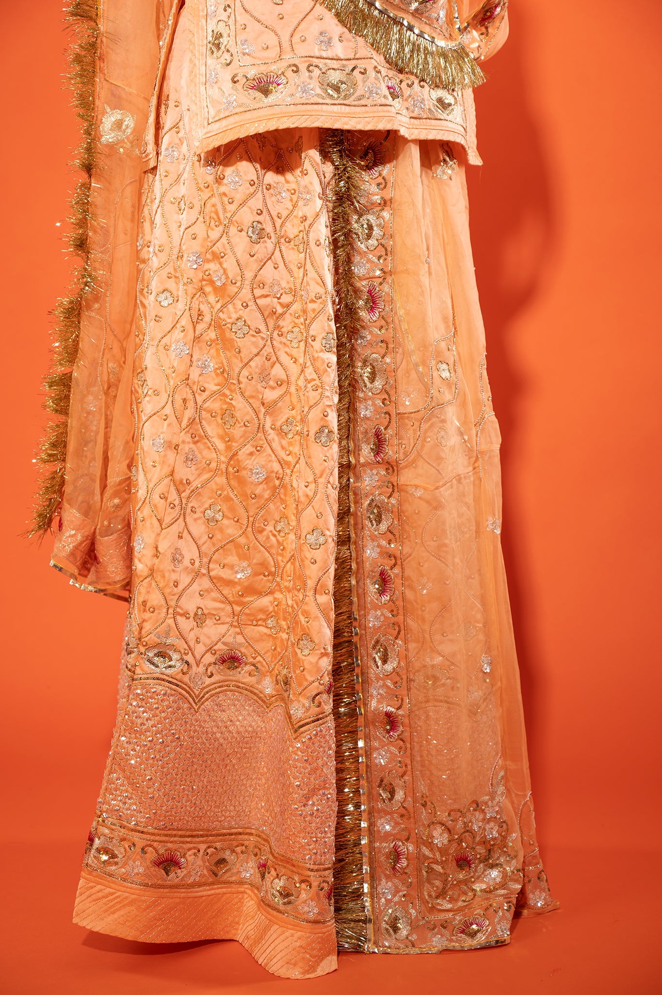 peach pure silk Satin aari zardozi handwork rajputi Poshak with pure odhna