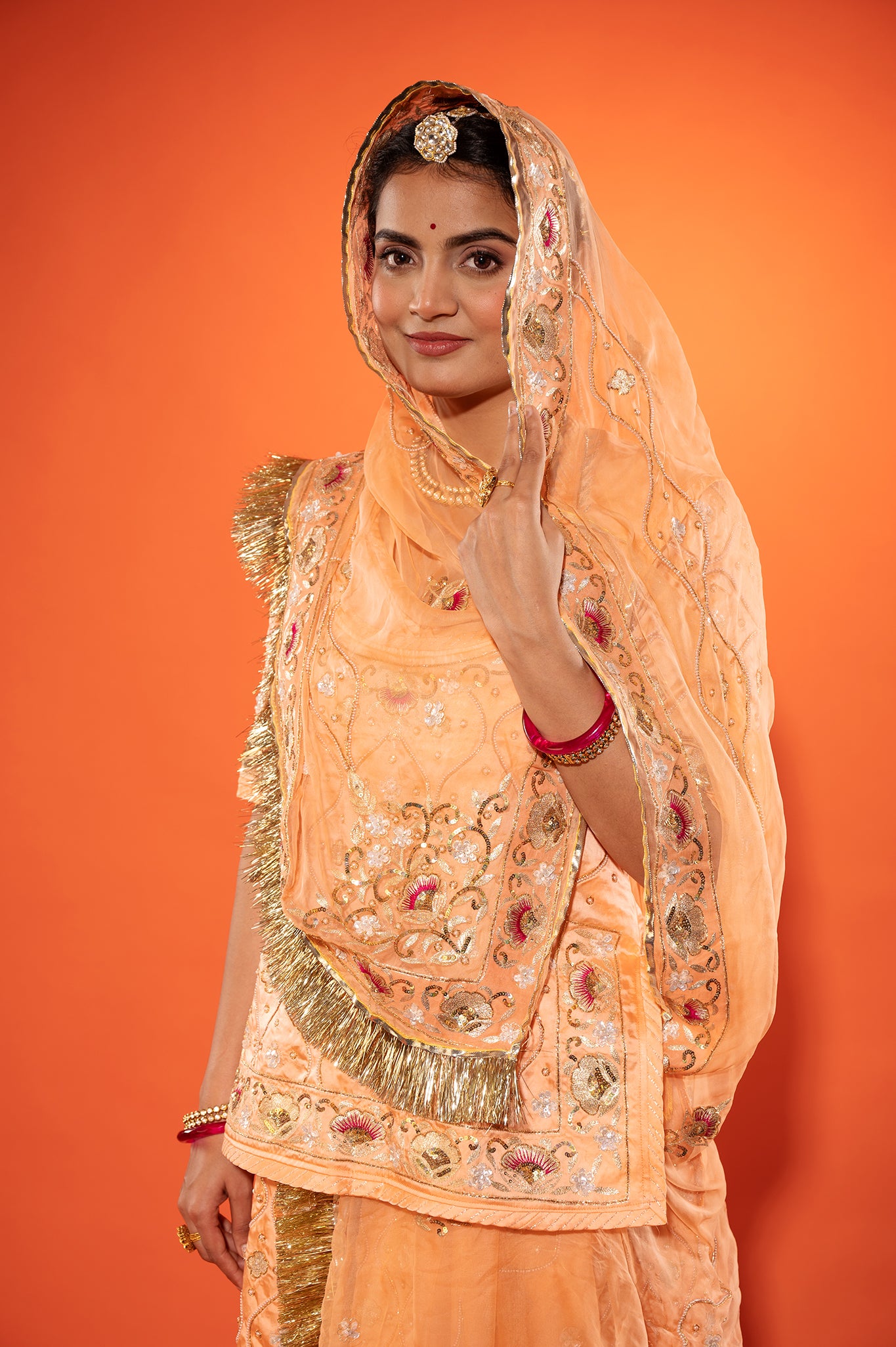 peach pure silk Satin aari zardozi handwork rajputi Poshak with pure odhna