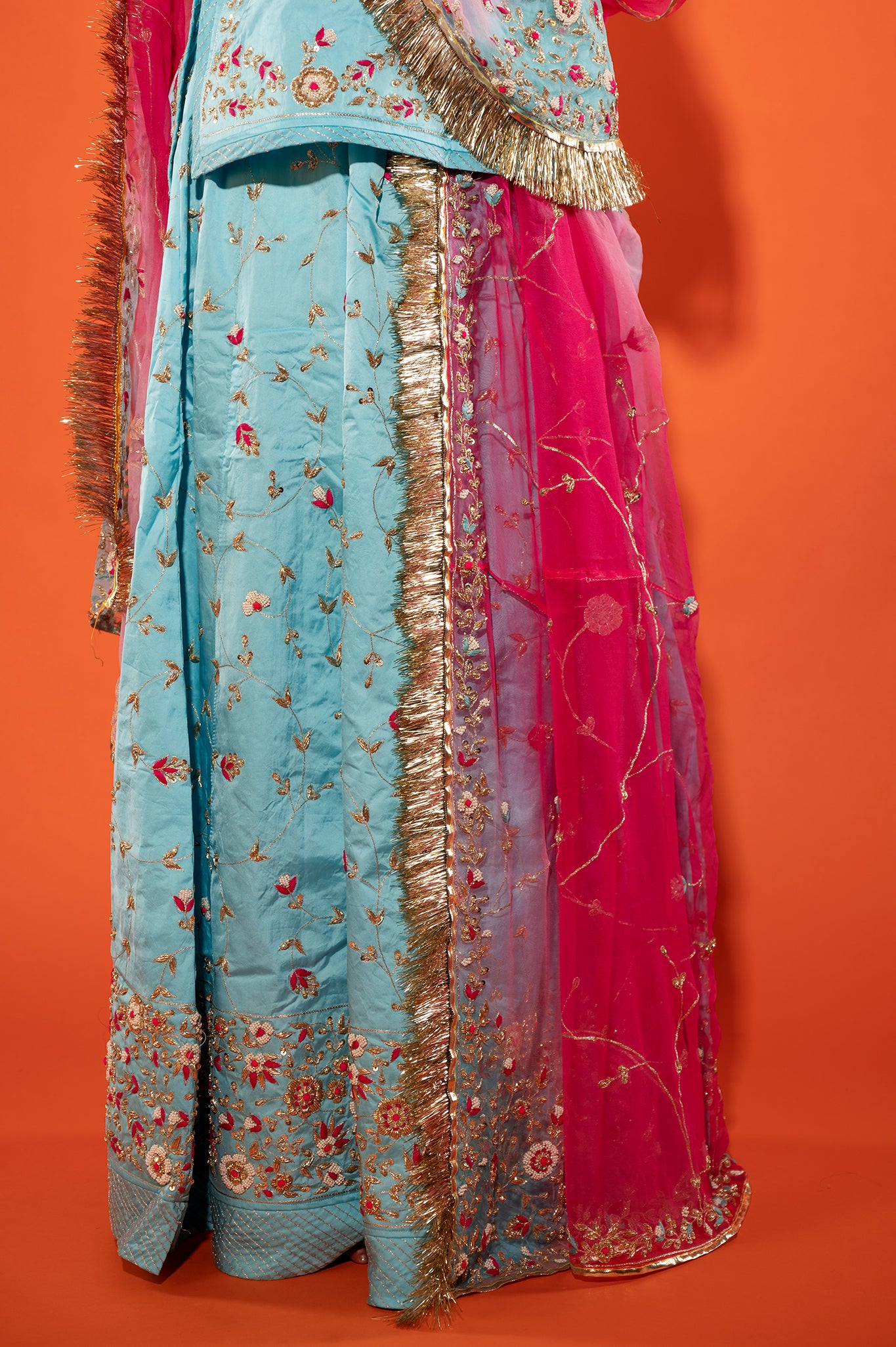Sky blue bamber satin zardozi handwork rajputi Poshak with Pure odhna