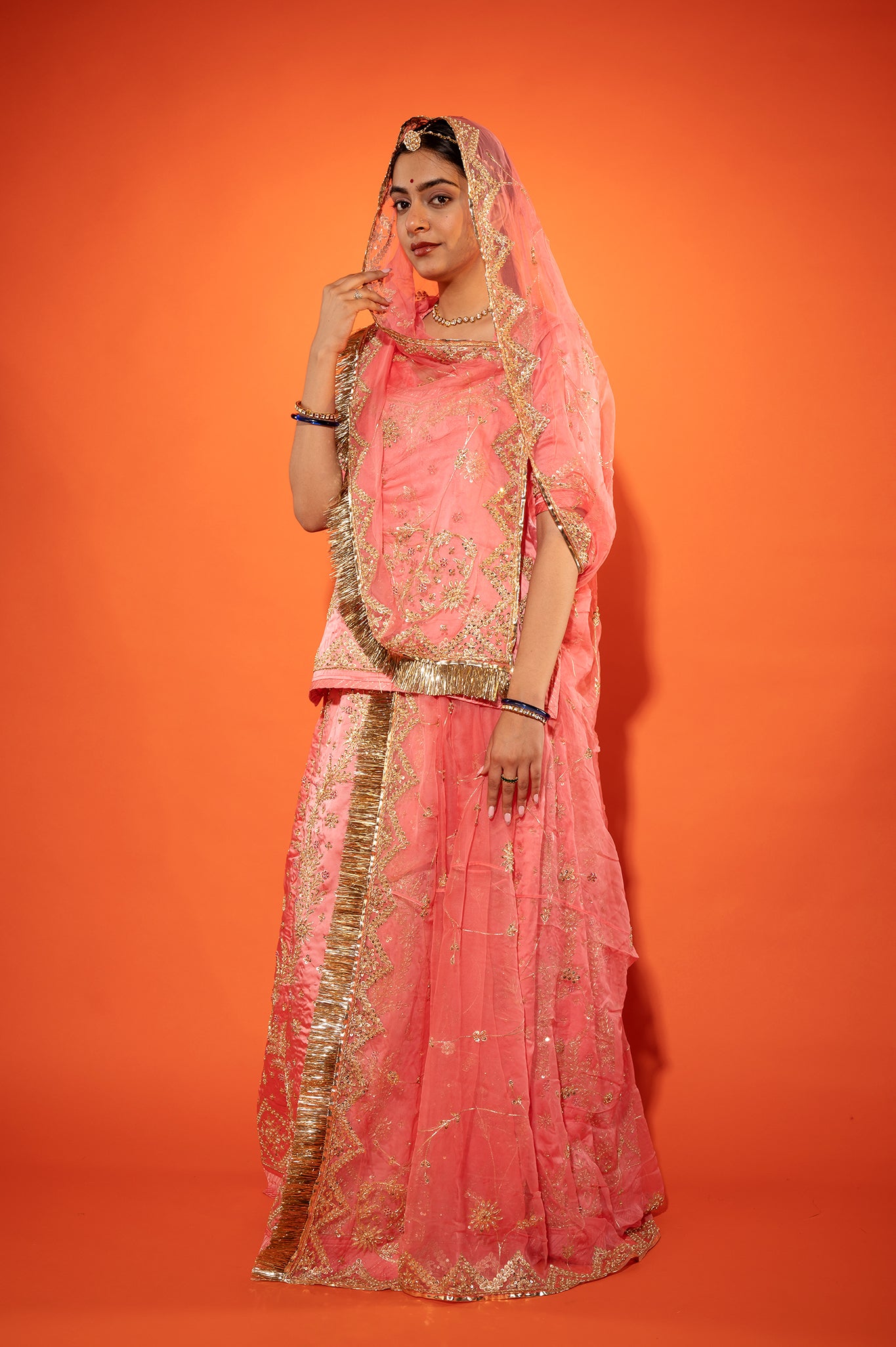 Salmon bamber satin zardozi handwork rajputi Poshak with Pure odhna