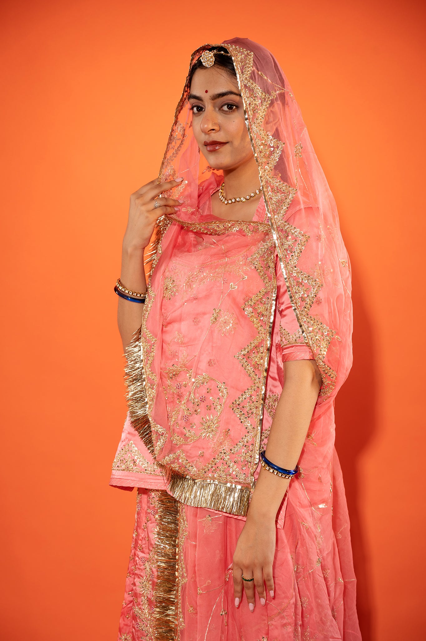Salmon bamber satin zardozi handwork rajputi Poshak with Pure odhna