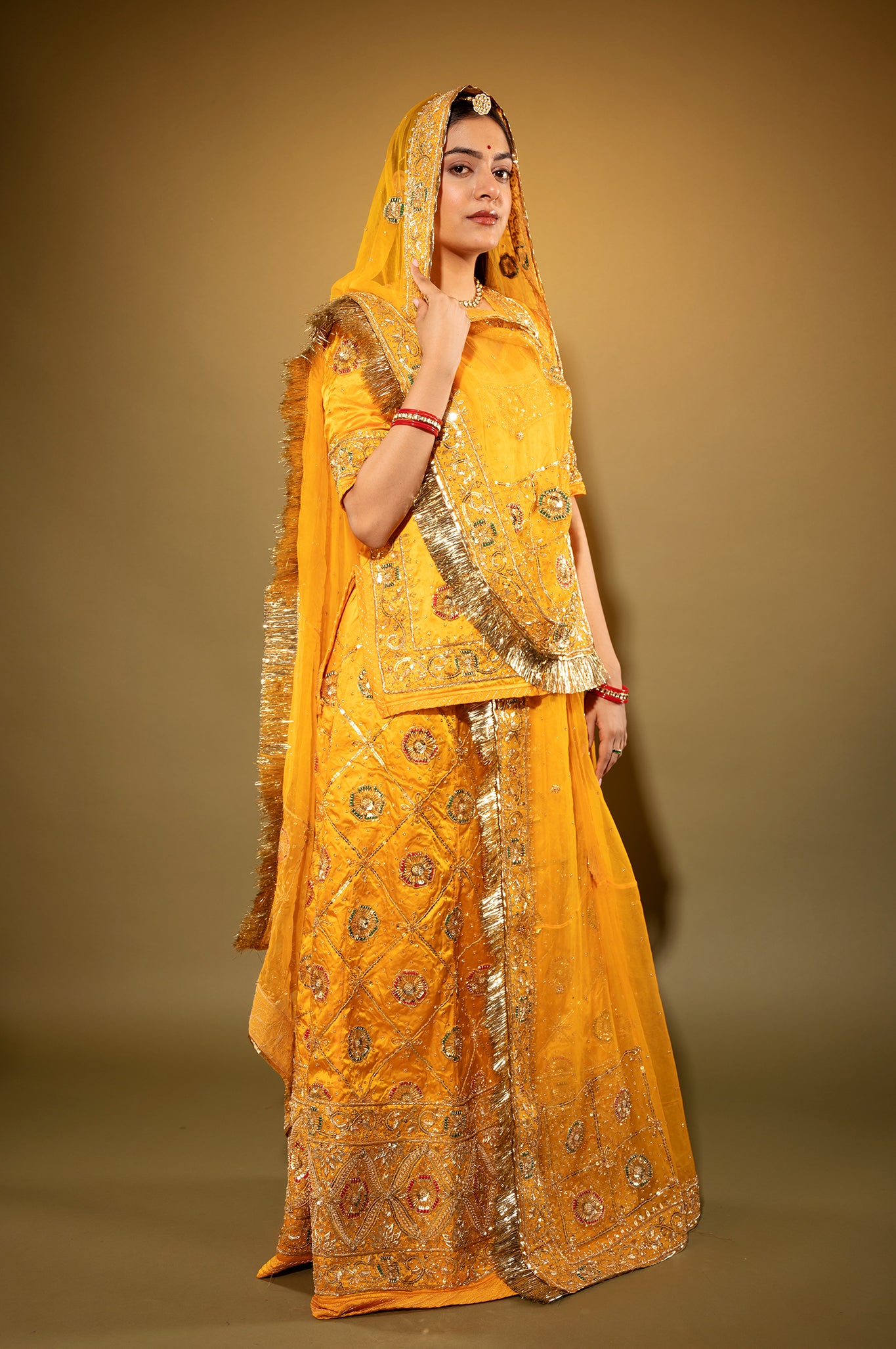 yellow Pure Silk Satin zardozi handwork rajputi Poshak with Pure odhna