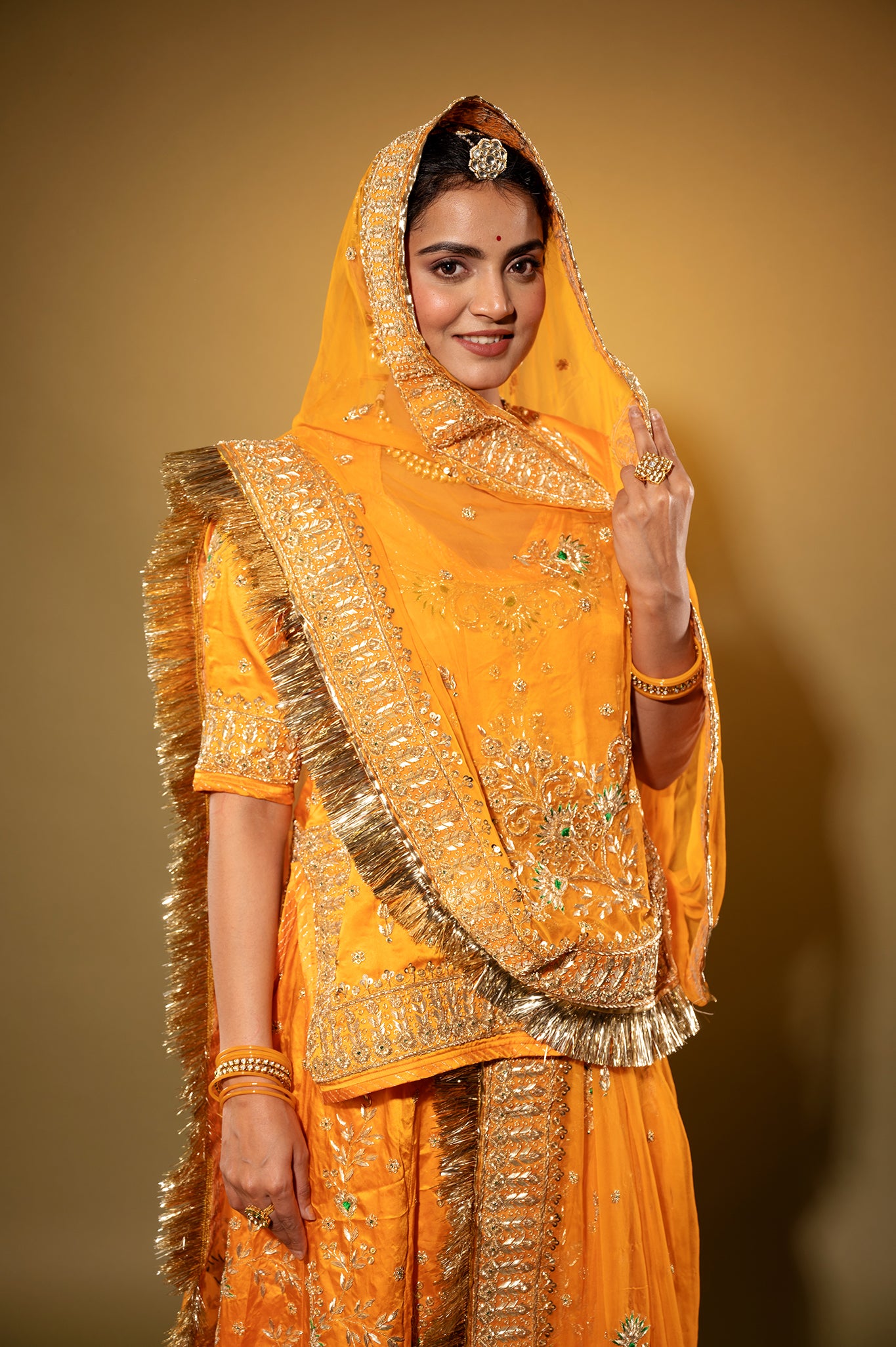 kesariya Pure Silk Satin zardozi handwork rajputi Poshak with Pure odhna