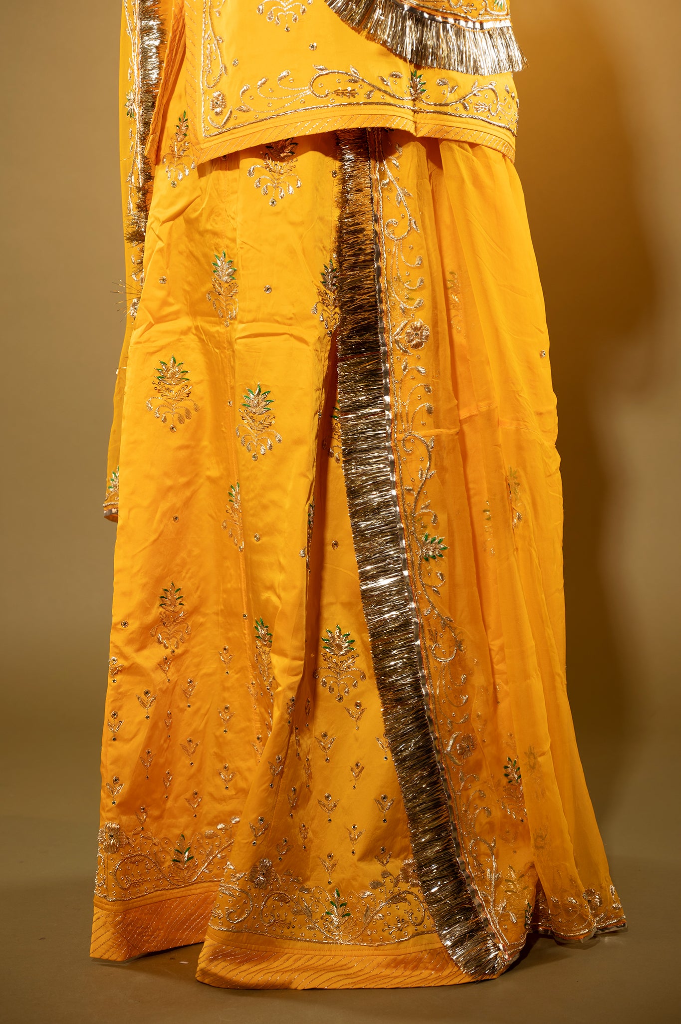 yellow bamber satin zardozi handwork rajputi Poshak with Pure odhna