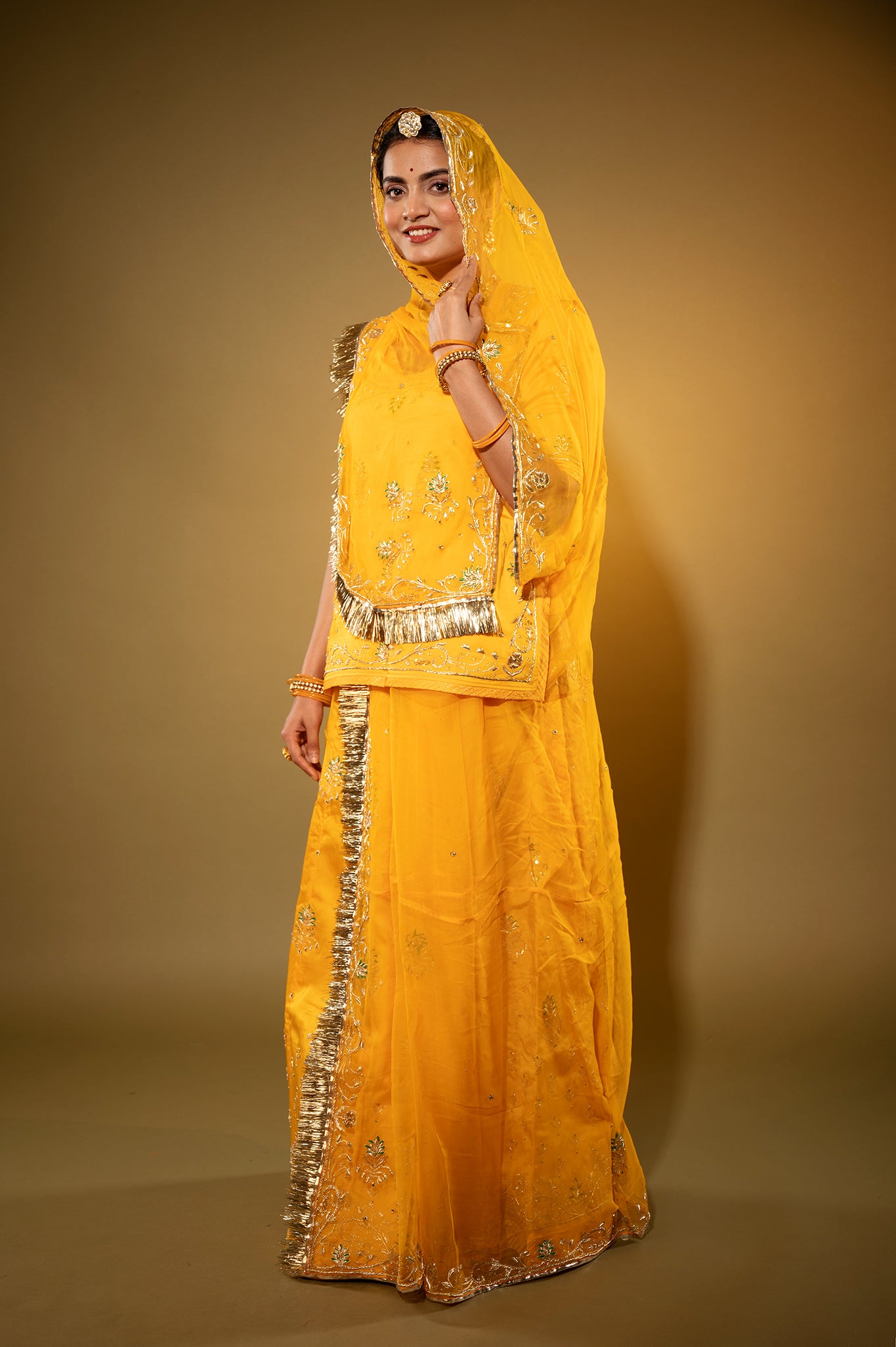yellow bamber satin zardozi handwork rajputi Poshak with Pure odhna