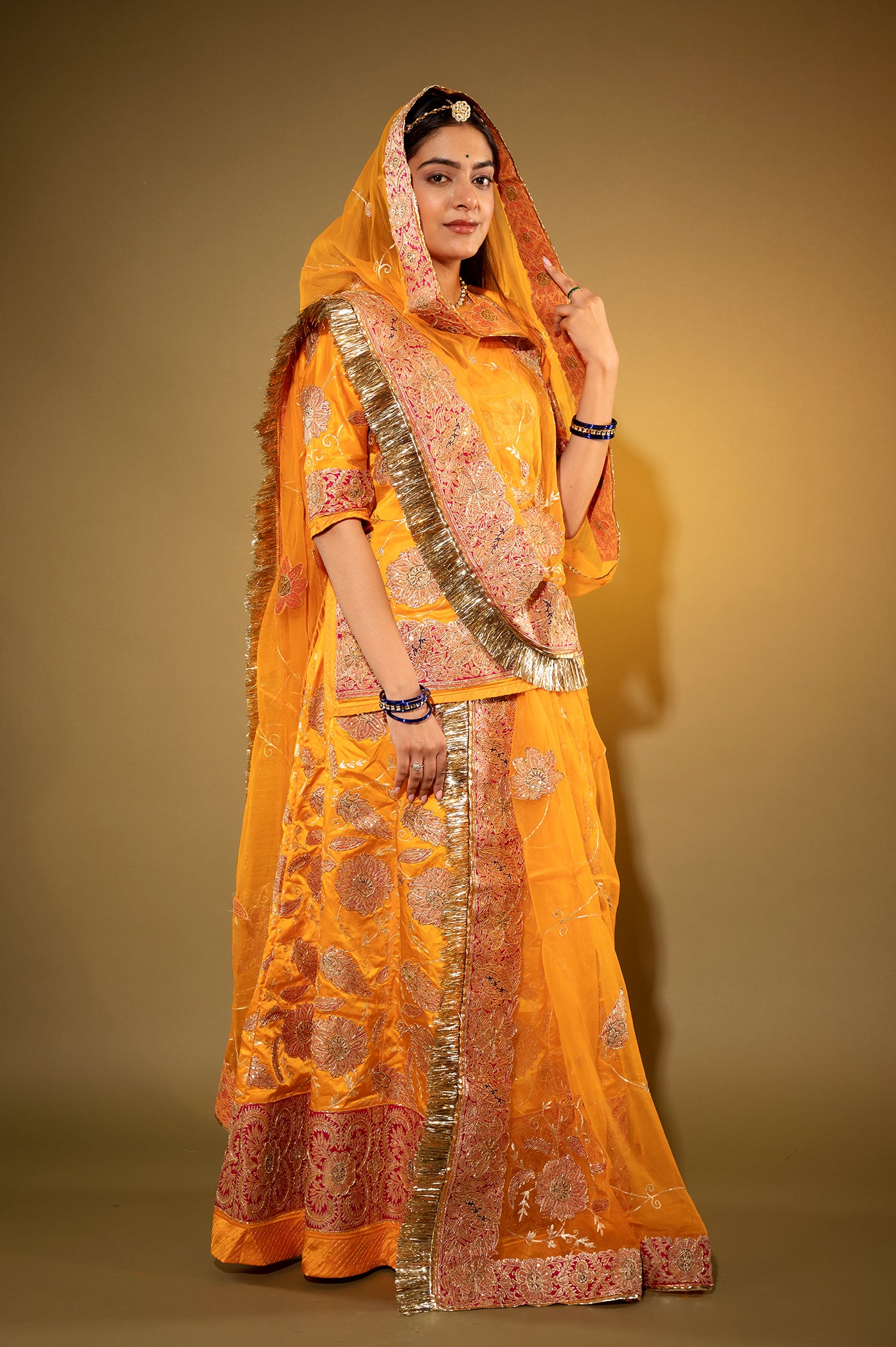 kesariya Pure Silk Satin chanderi handwork rajputi Poshak with Pure odhna