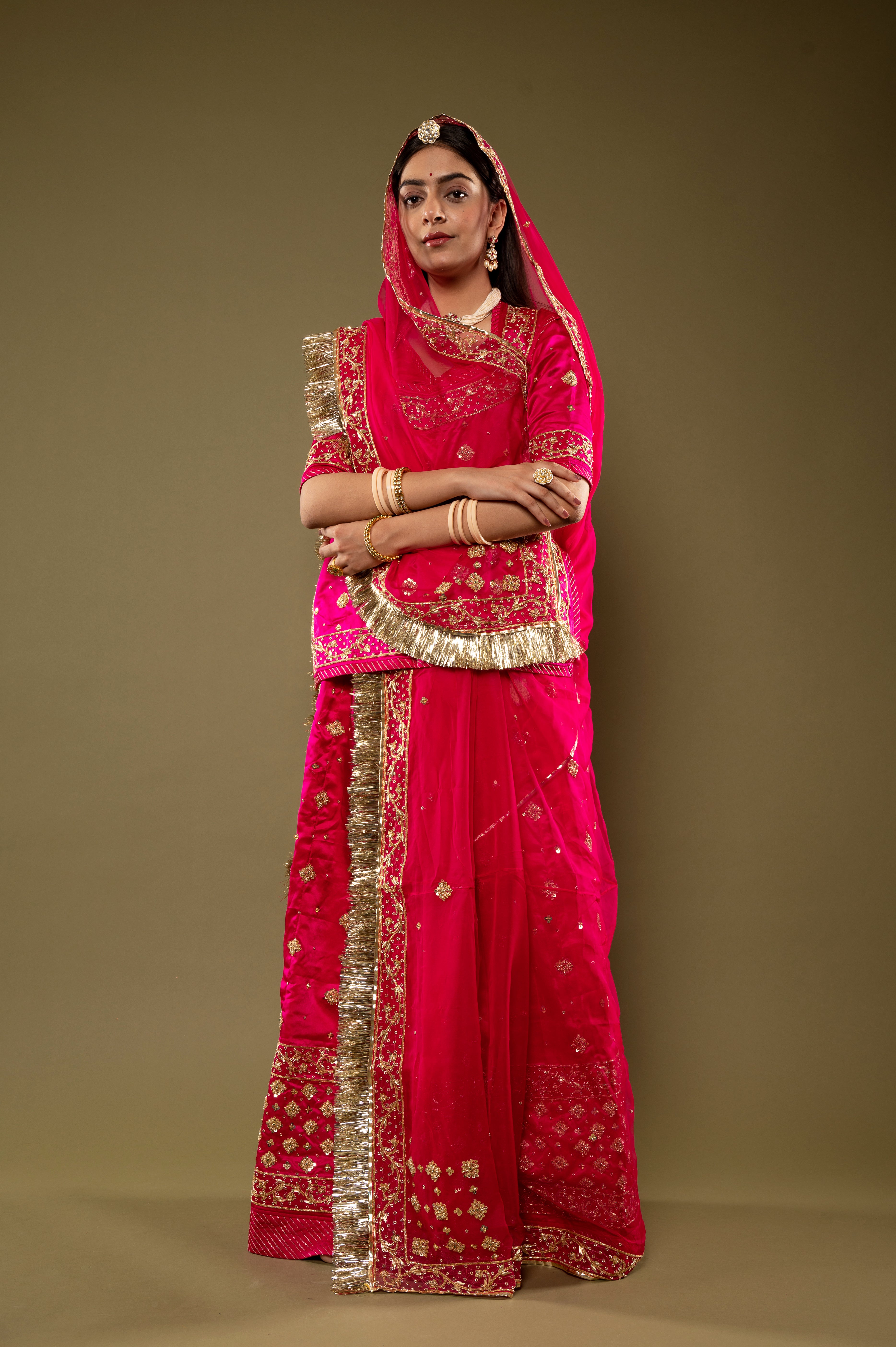 Rani bamber satin Zardozi Border Butti handwork Rajputi Poshak with Pure odhna