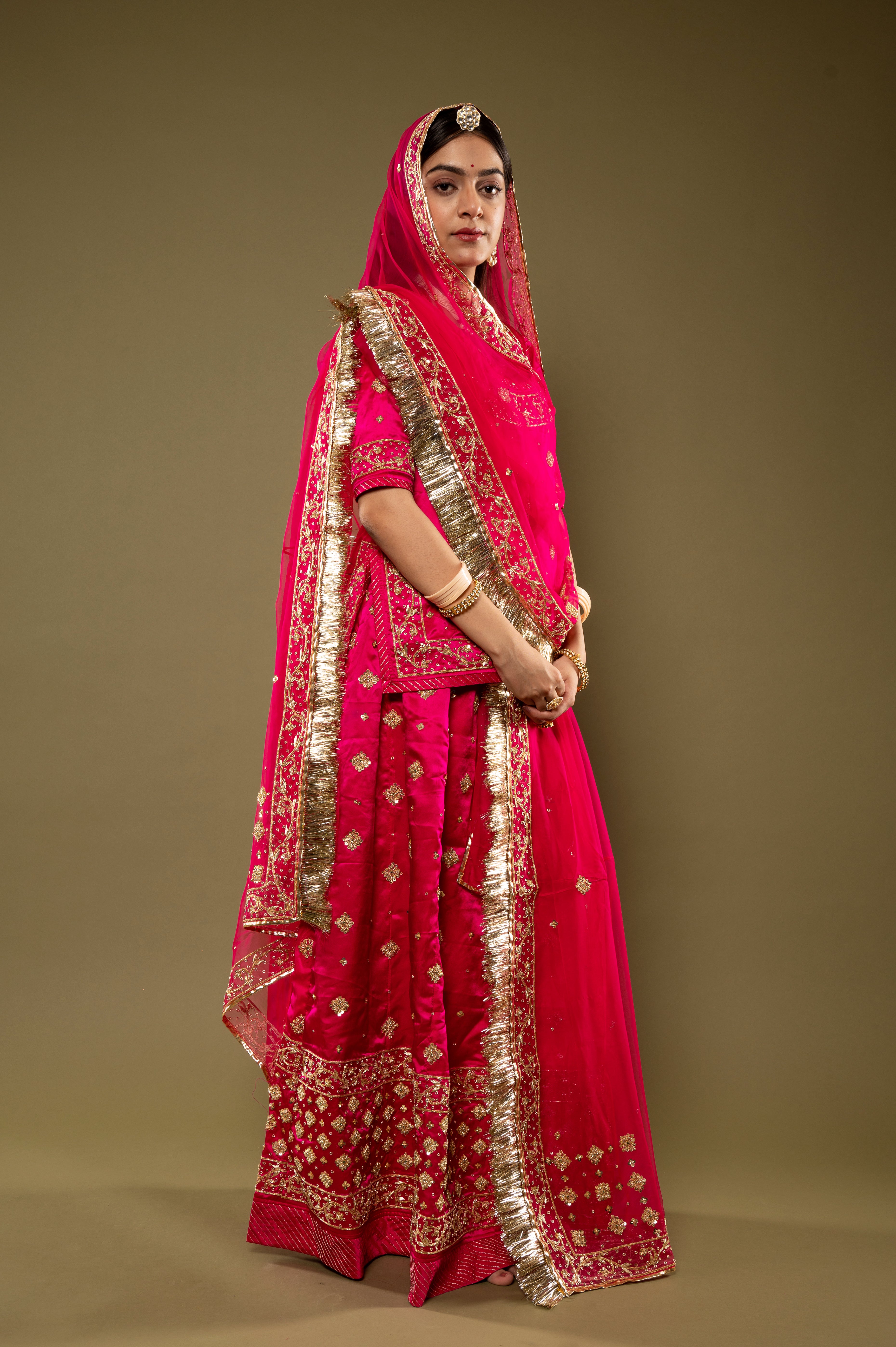 Rani bamber satin Zardozi Border Butti handwork Rajputi Poshak with Pure odhna