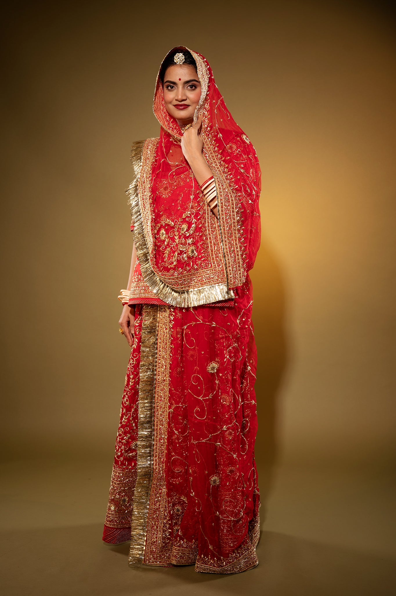red Pure Silk Satin zardozi handwork rajputi Poshak with Pure odhna