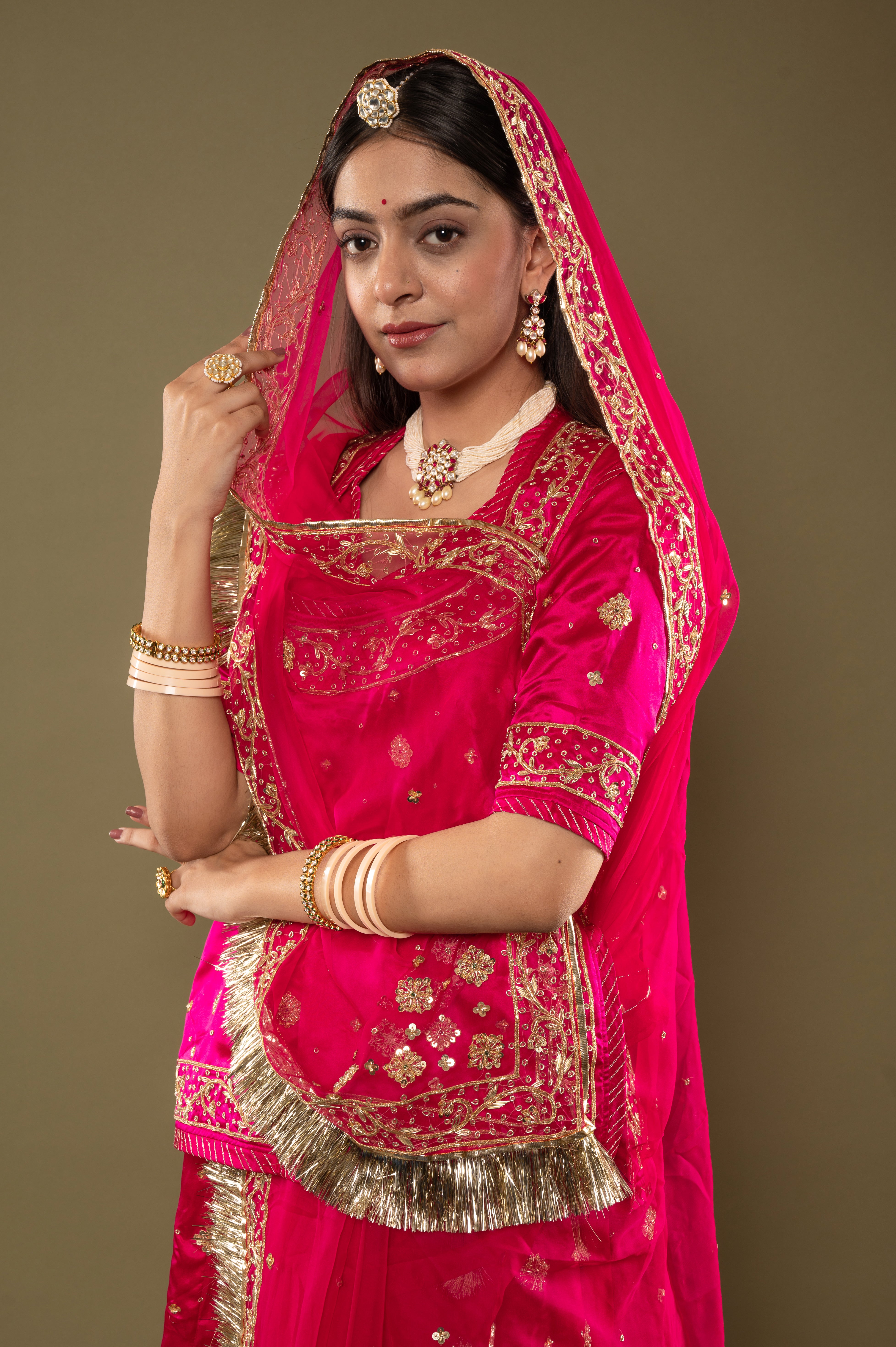 Rani bamber satin Zardozi Border Butti handwork Rajputi Poshak with Pure odhna