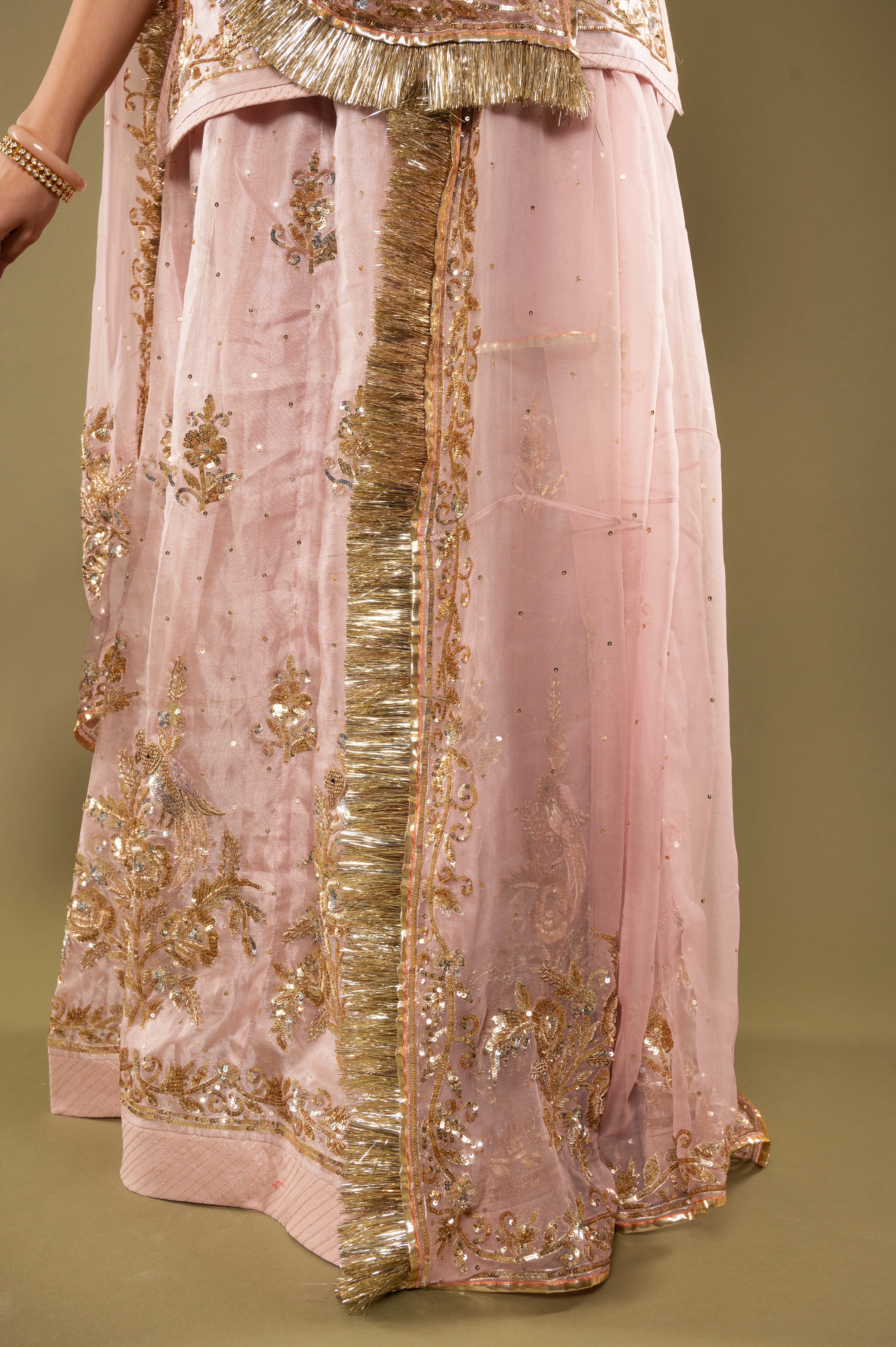 Light Pink Pure Tissue Sequins Kardana Zardozi Border Butti handwork Rajputi Poshak with Pure odhna