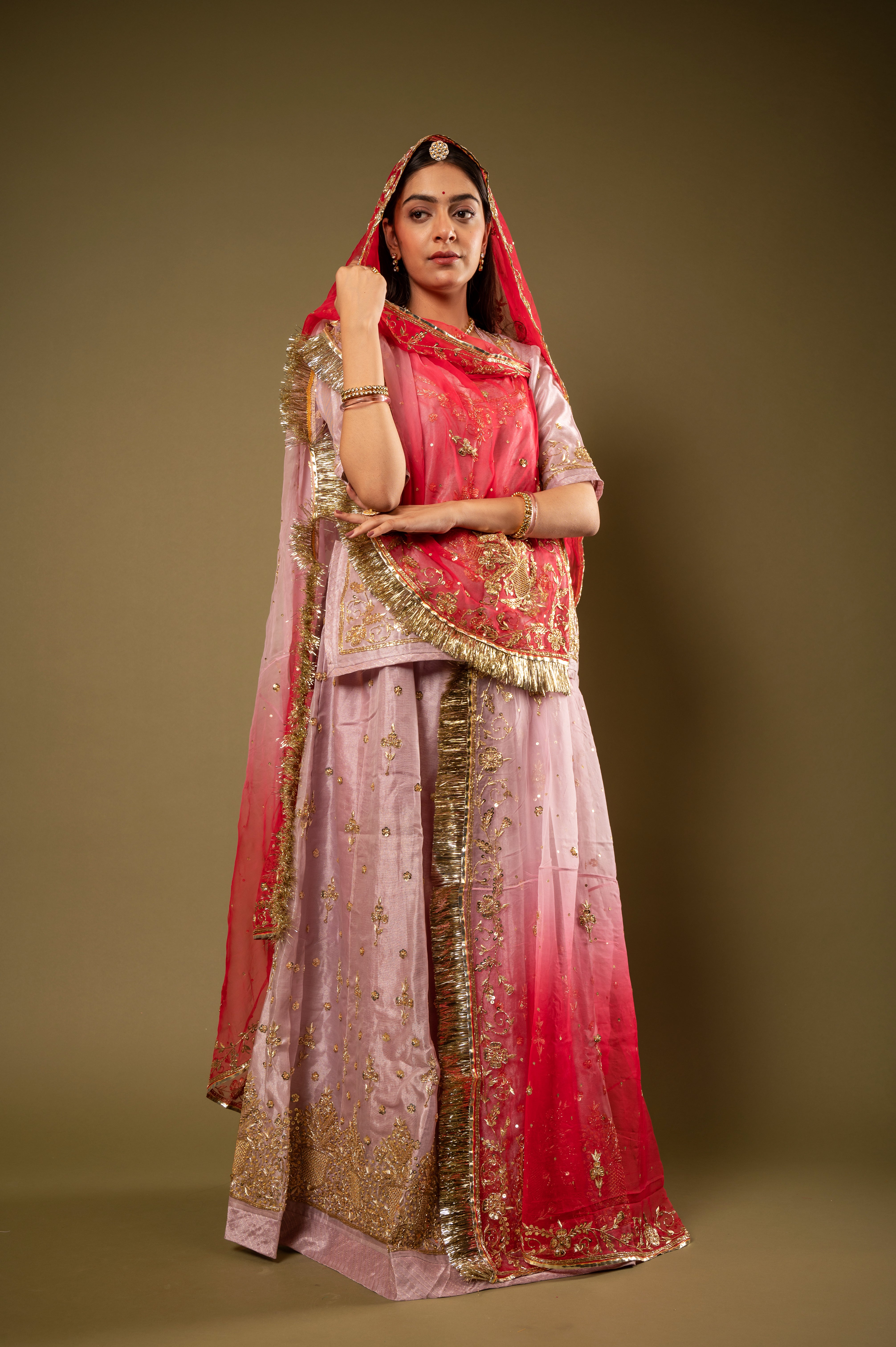 Pink Shaded Odhana Pure Tissue Zardozi Border butti handwork Rajputi Poshak with Pure odhna