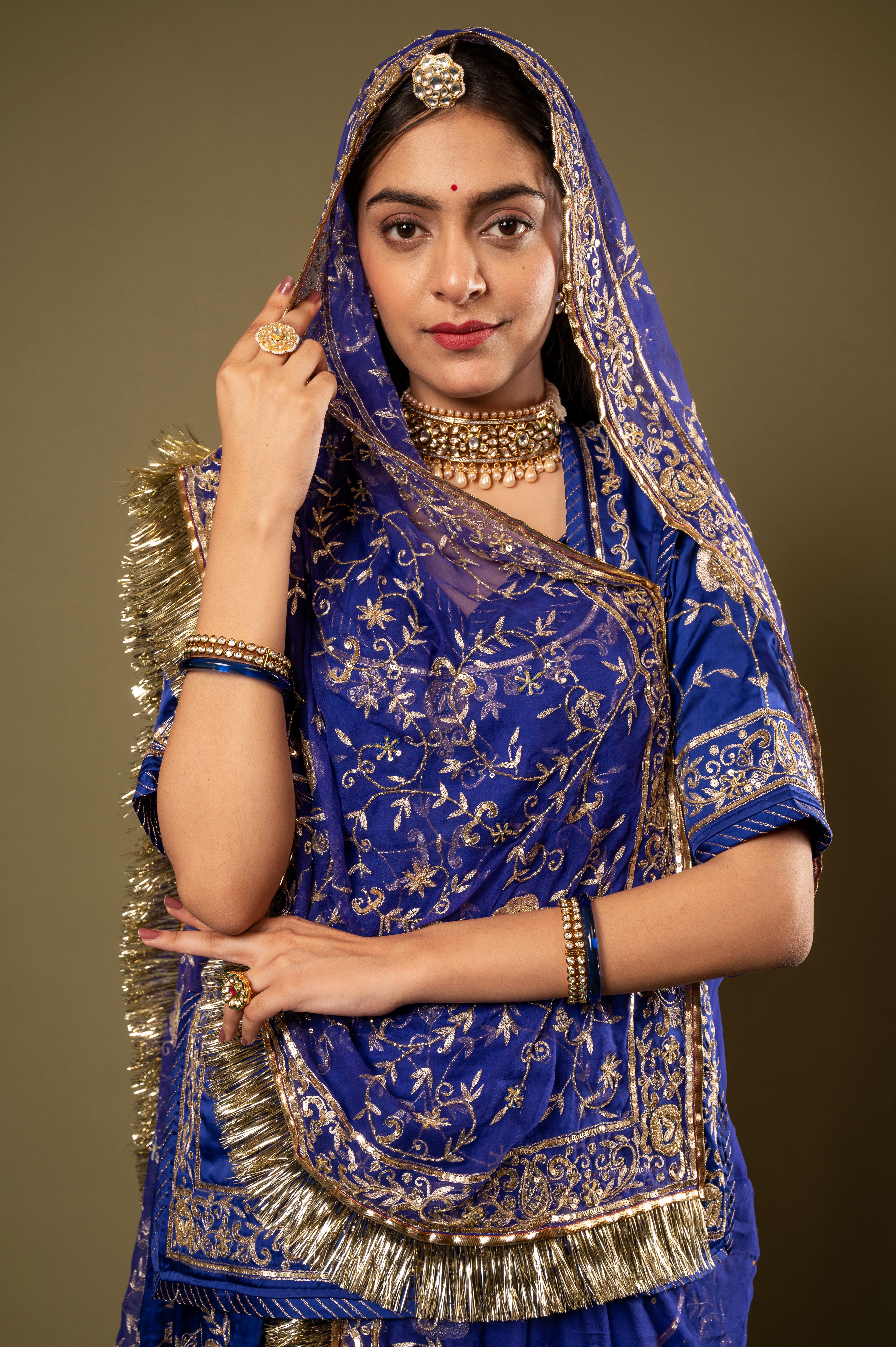 Blue light dark bamber satin Aari Kardana Sequins Jaal handwork Rajputi Poshak with Pure odhna