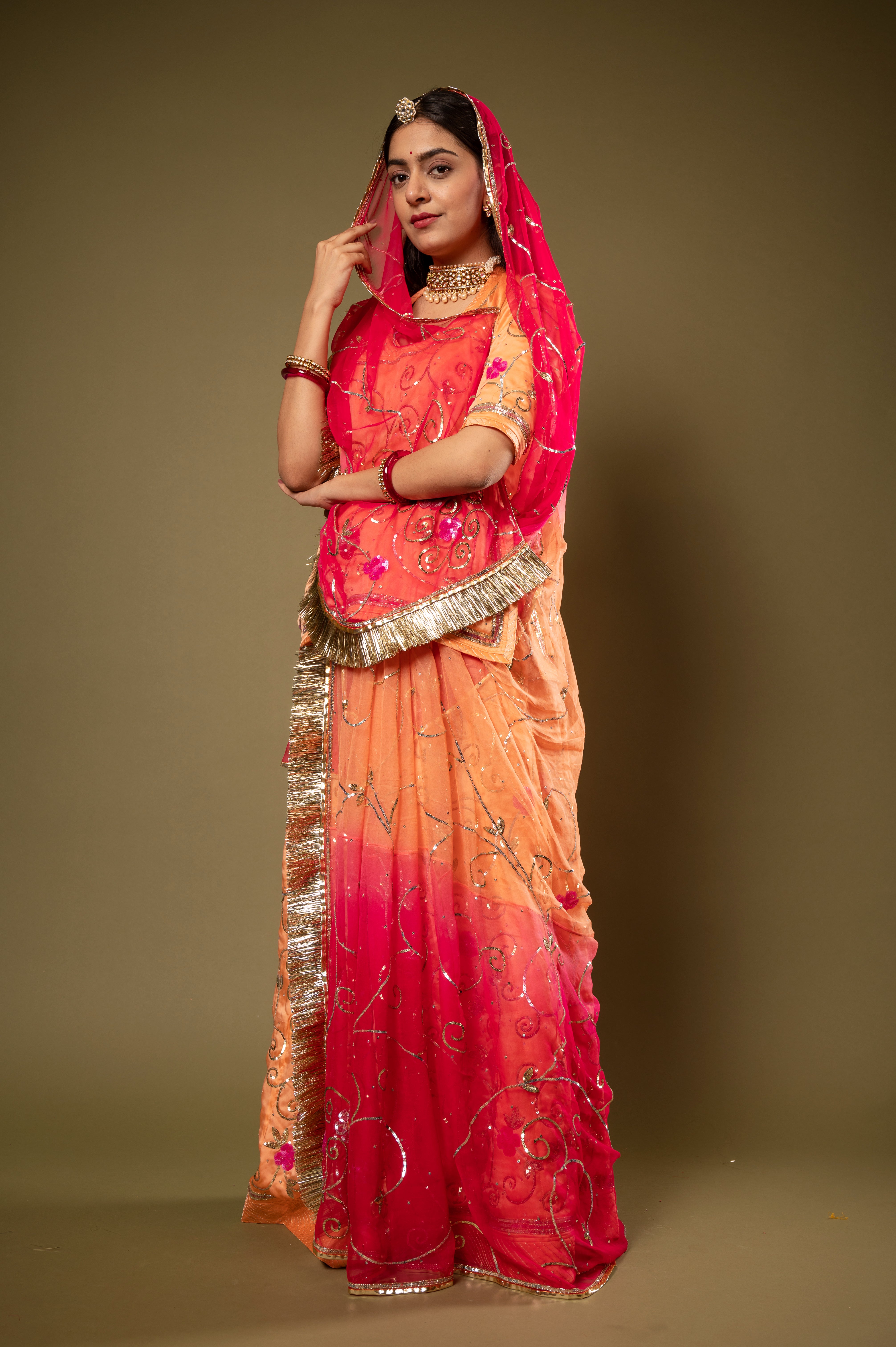 Peach Multi Odhana bamber satin sequins jaal handwork Rajputi Poshak with Pure odhna