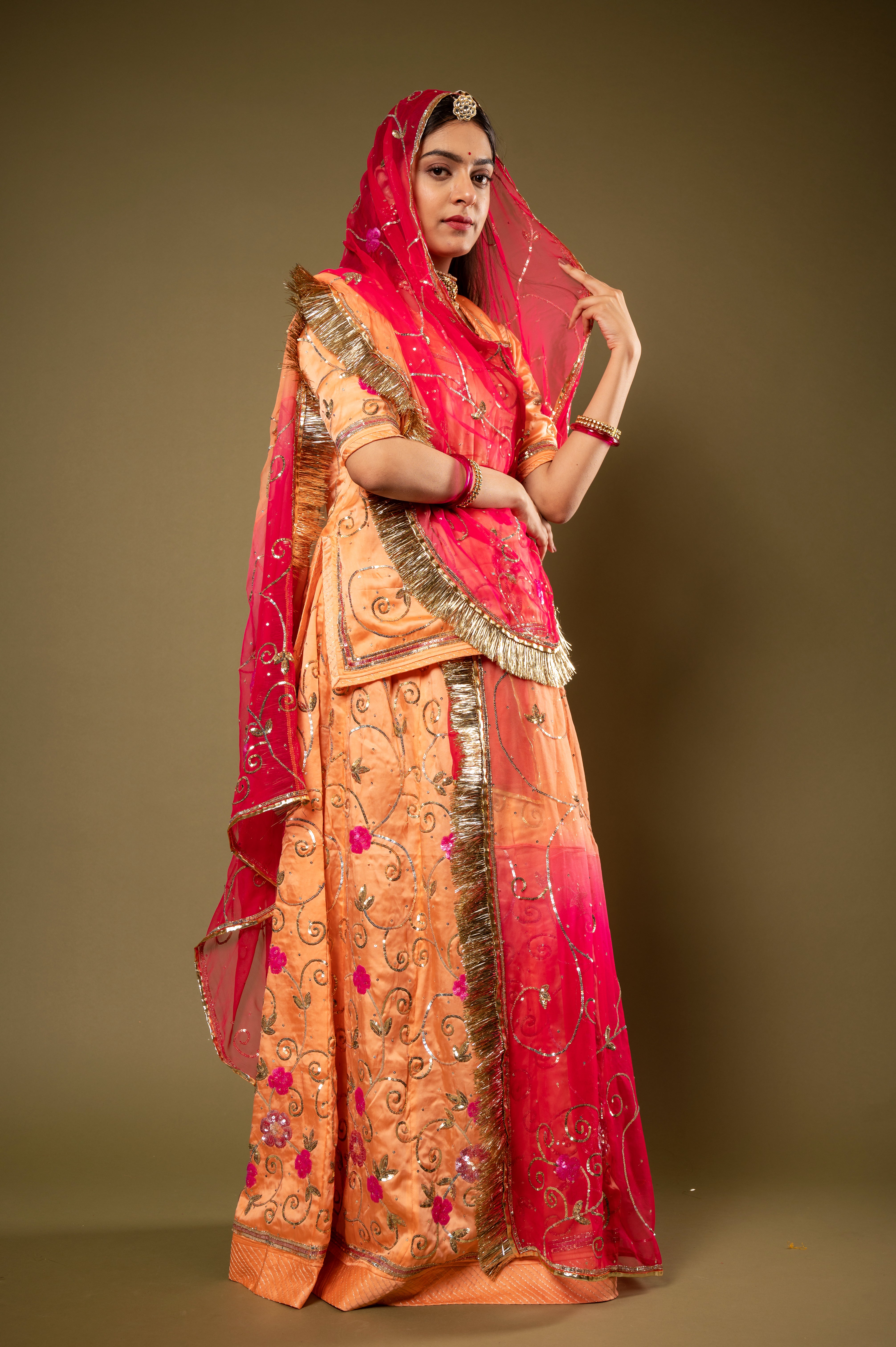 Peach Multi Odhana bamber satin sequins jaal handwork Rajputi Poshak with Pure odhna