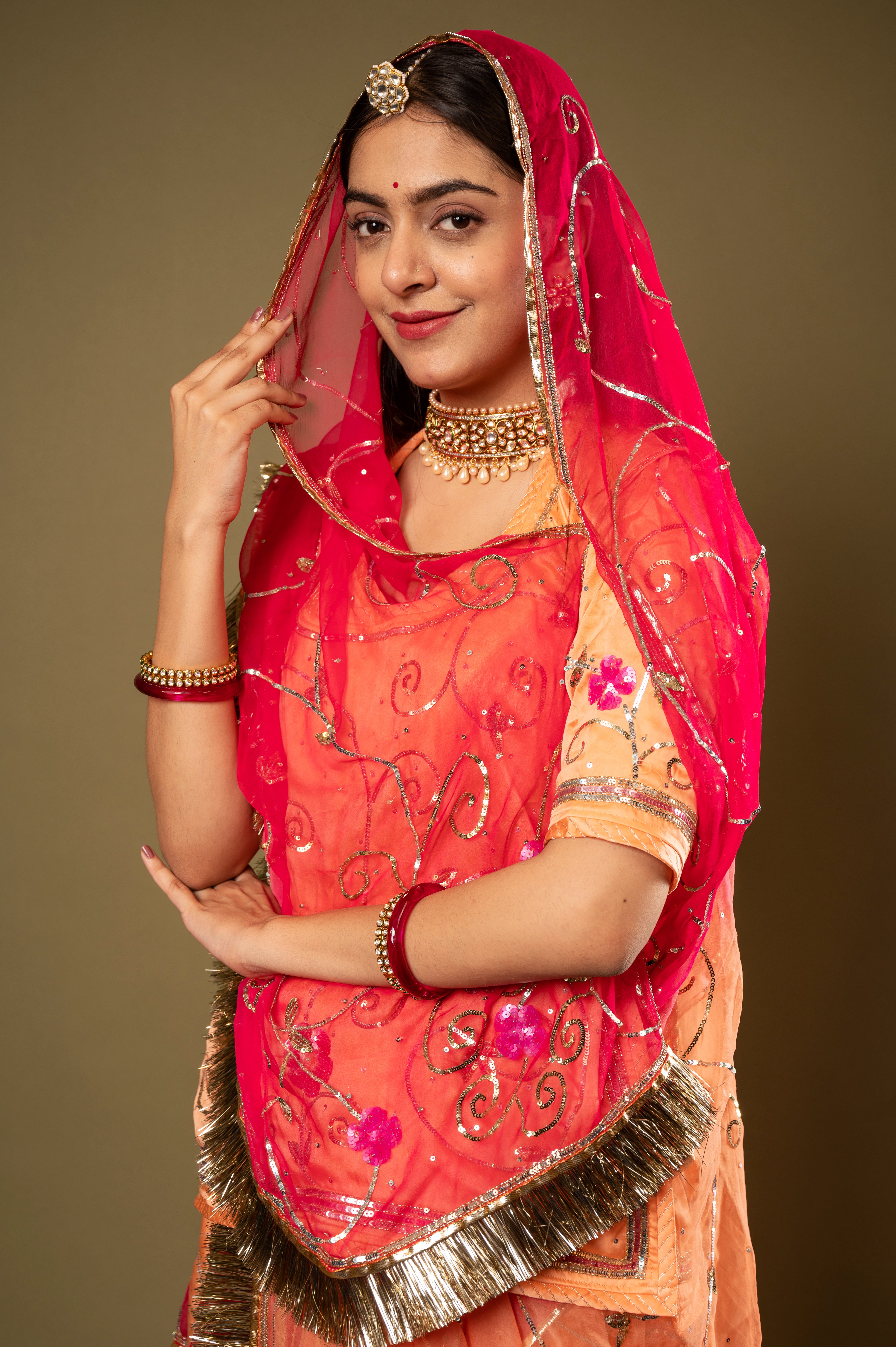 Peach Multi Odhana bamber satin sequins jaal handwork Rajputi Poshak with Pure odhna