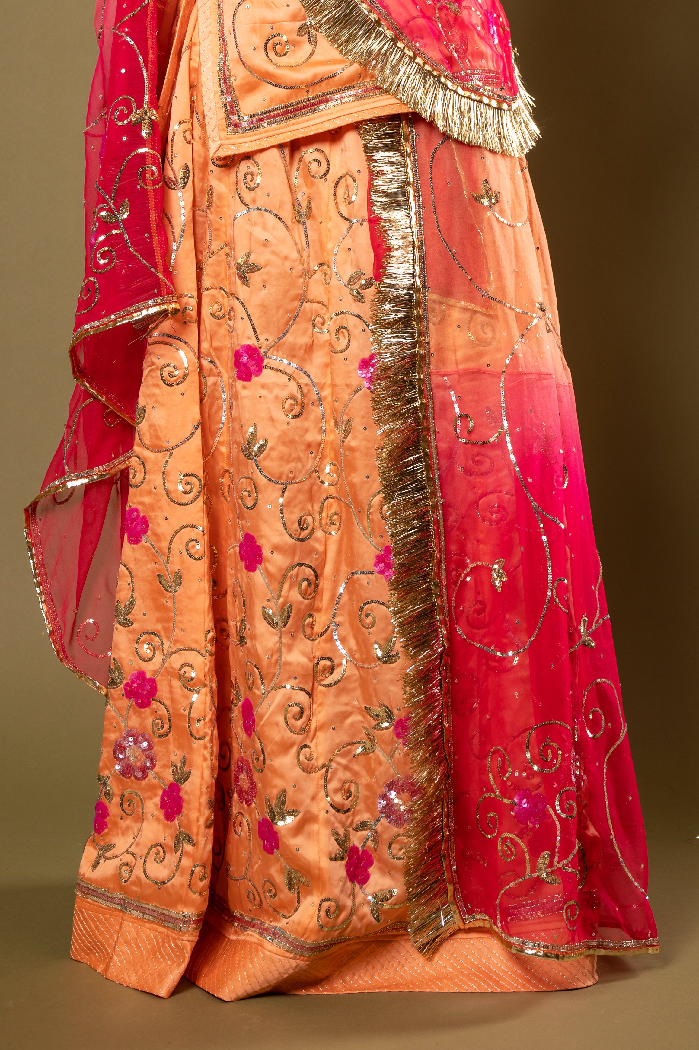 Peach Multi Odhana bamber satin sequins jaal handwork Rajputi Poshak with Pure odhna
