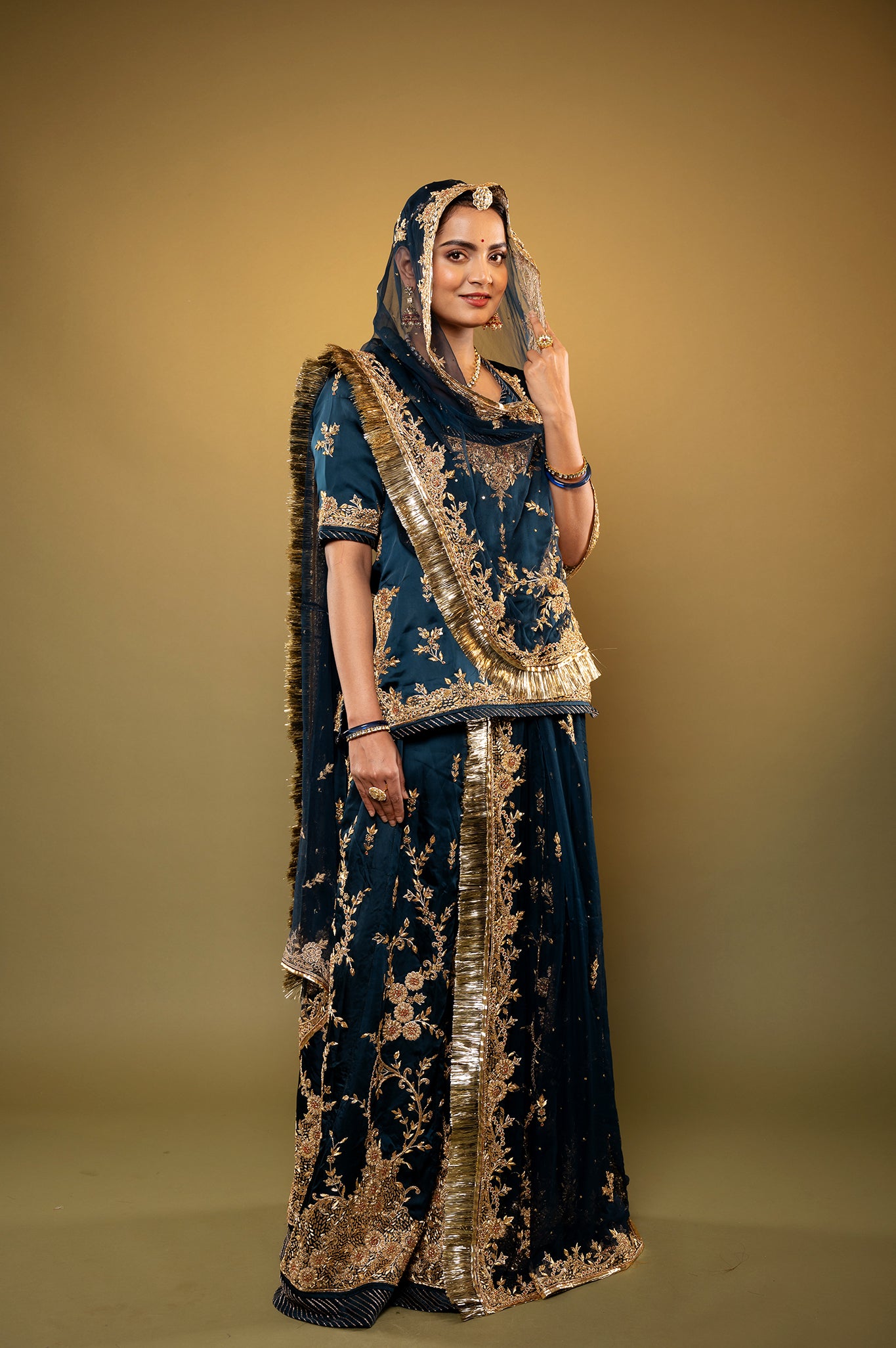 dark rama green bamber satin zardozi handwork rajputi Poshak with Pure odhna