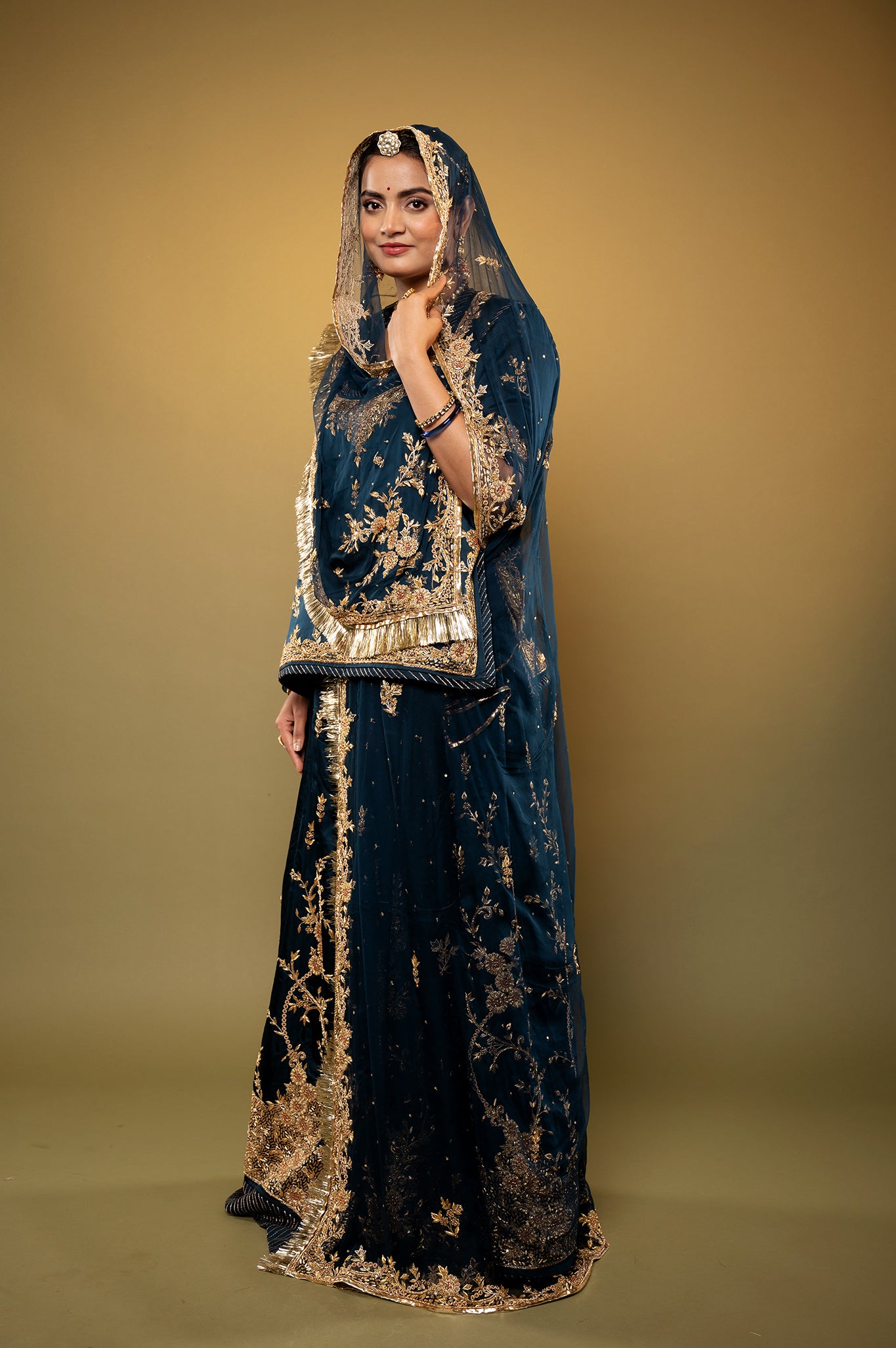 dark rama green bamber satin zardozi handwork rajputi Poshak with Pure odhna