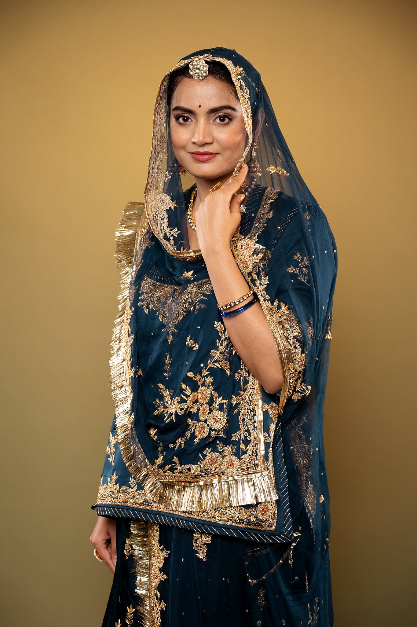 dark rama green bamber satin zardozi handwork rajputi Poshak with Pure odhna