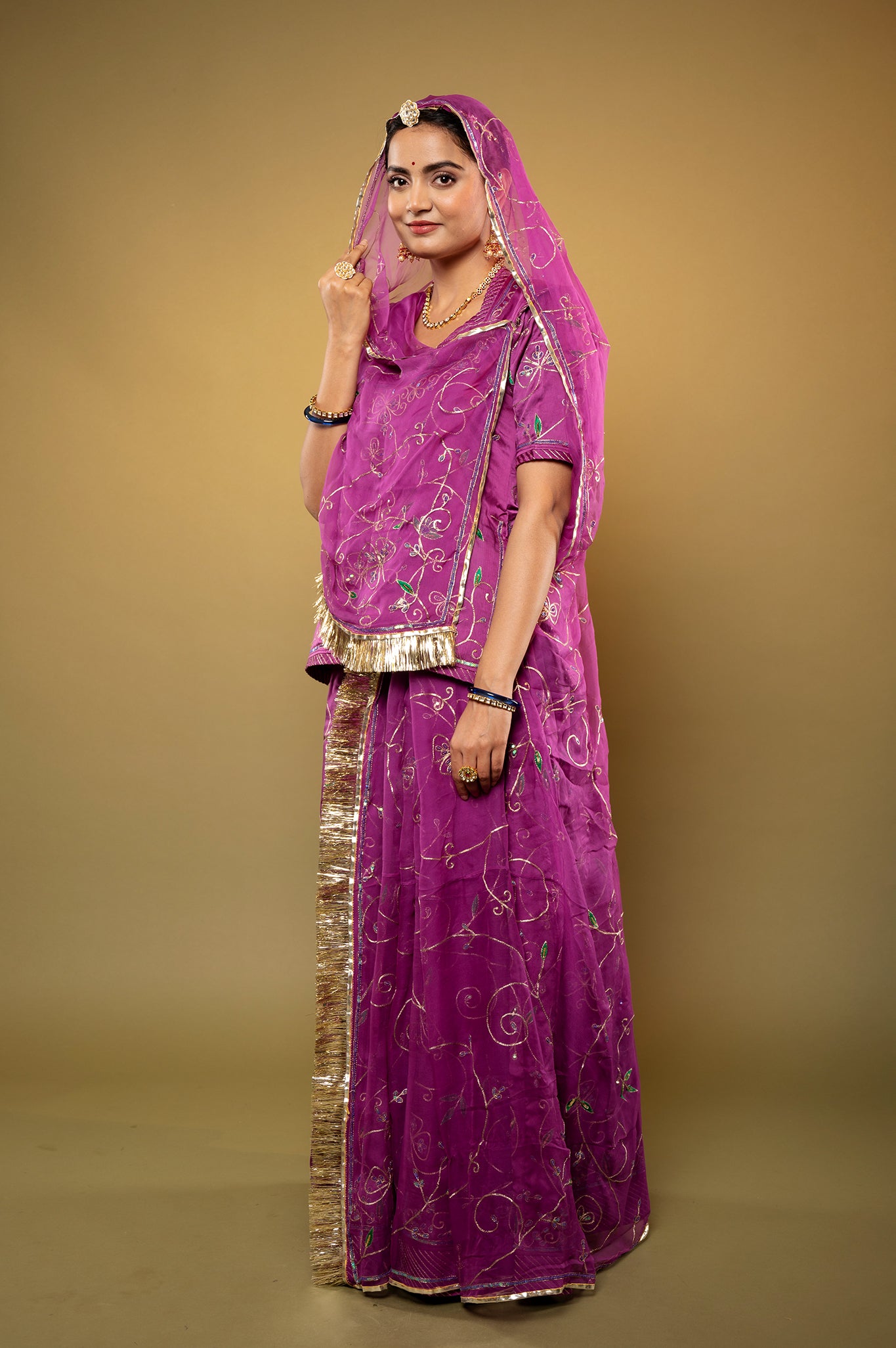 Purple bamber satin aari sequins handwork rajputi Poshak with Pure odhna