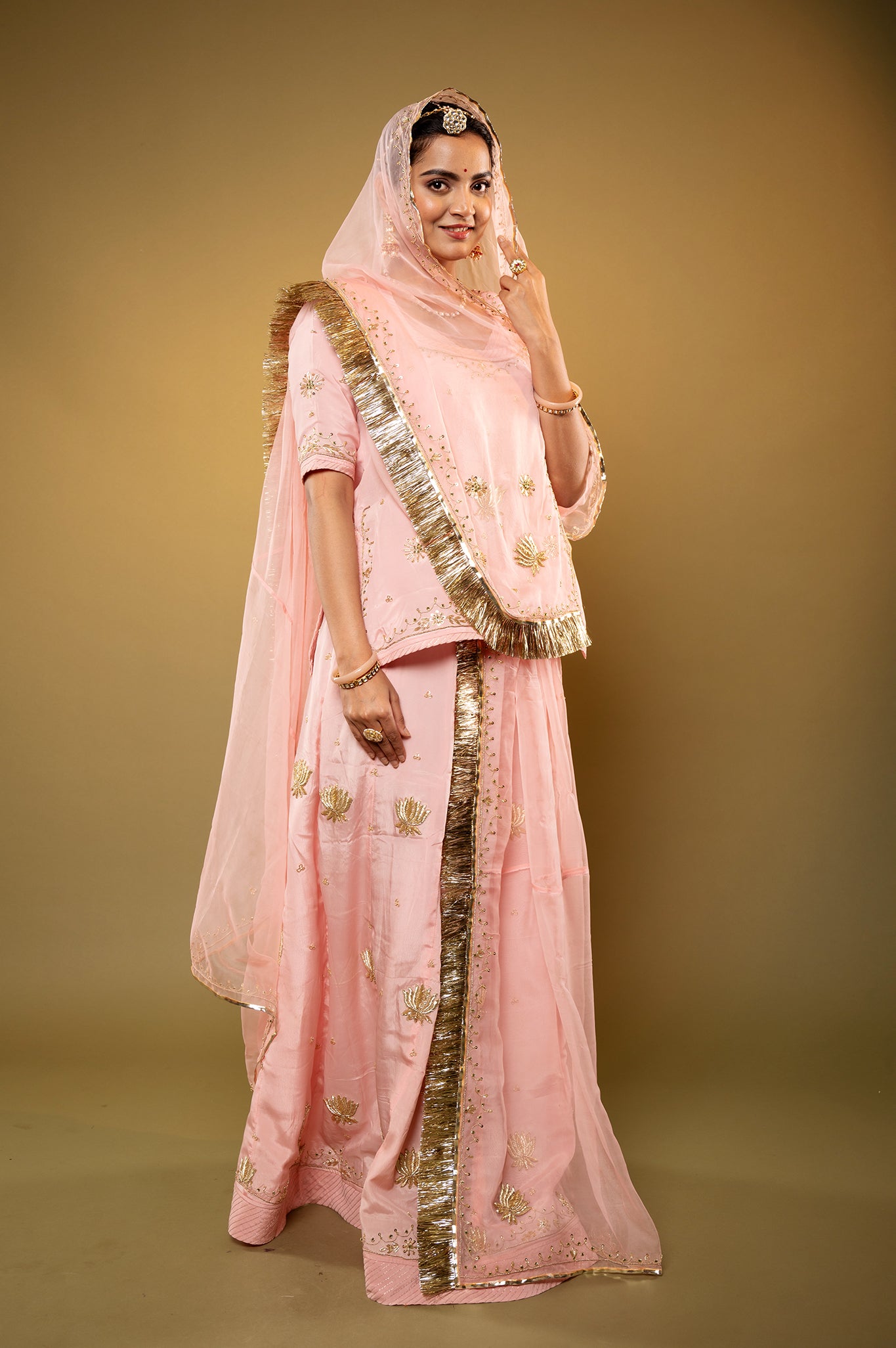 peach pink Crepe zardozi handwork rajputi Poshak with Pure odhna