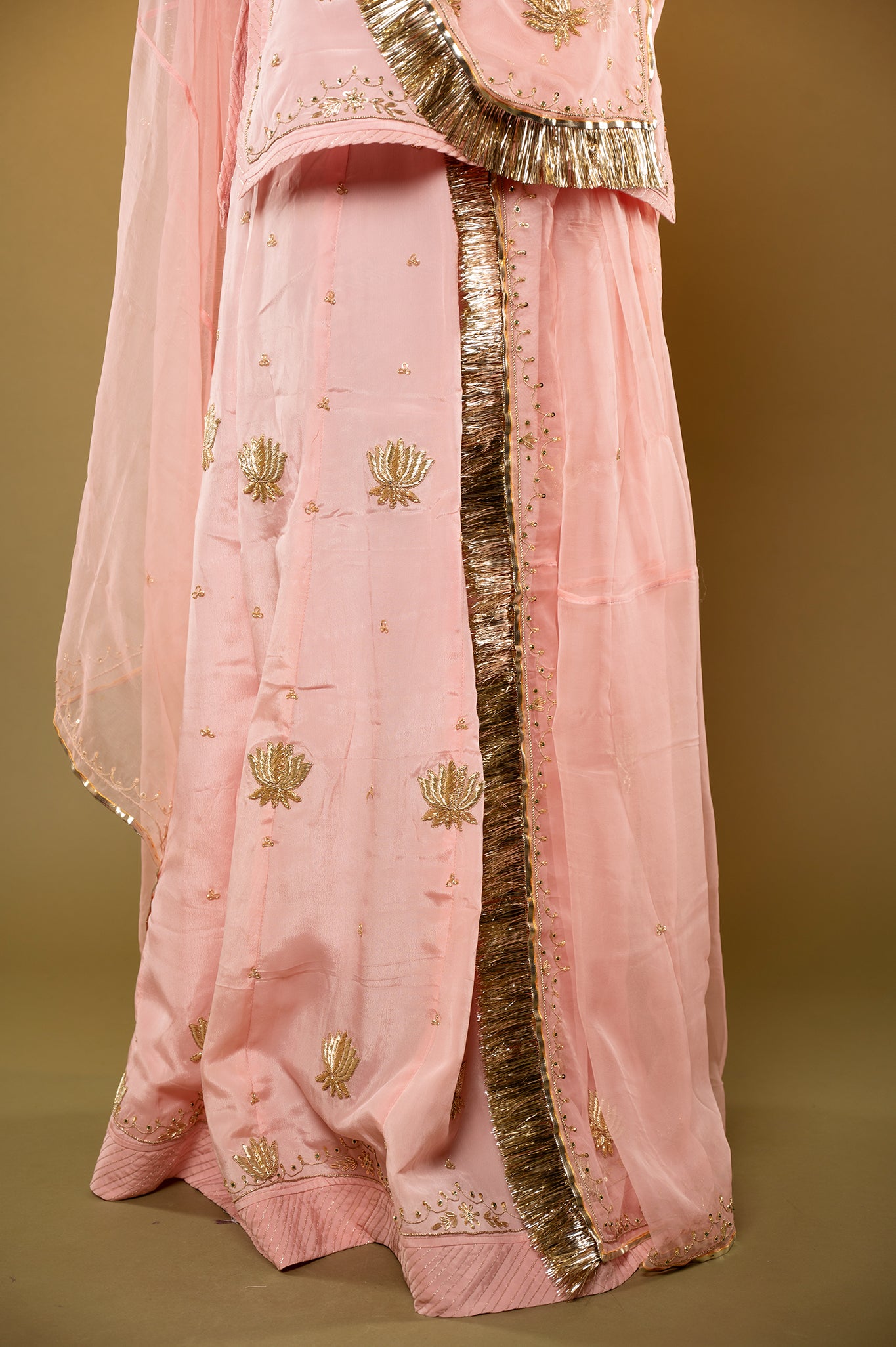 peach pink Crepe zardozi handwork rajputi Poshak with Pure odhna