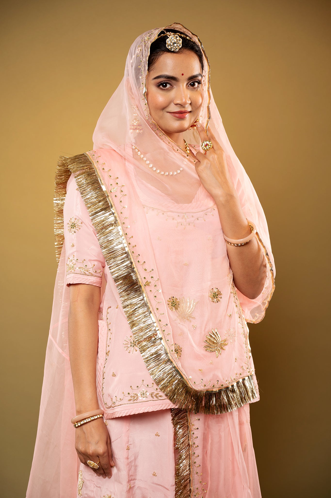 peach pink Crepe zardozi handwork rajputi Poshak with Pure odhna