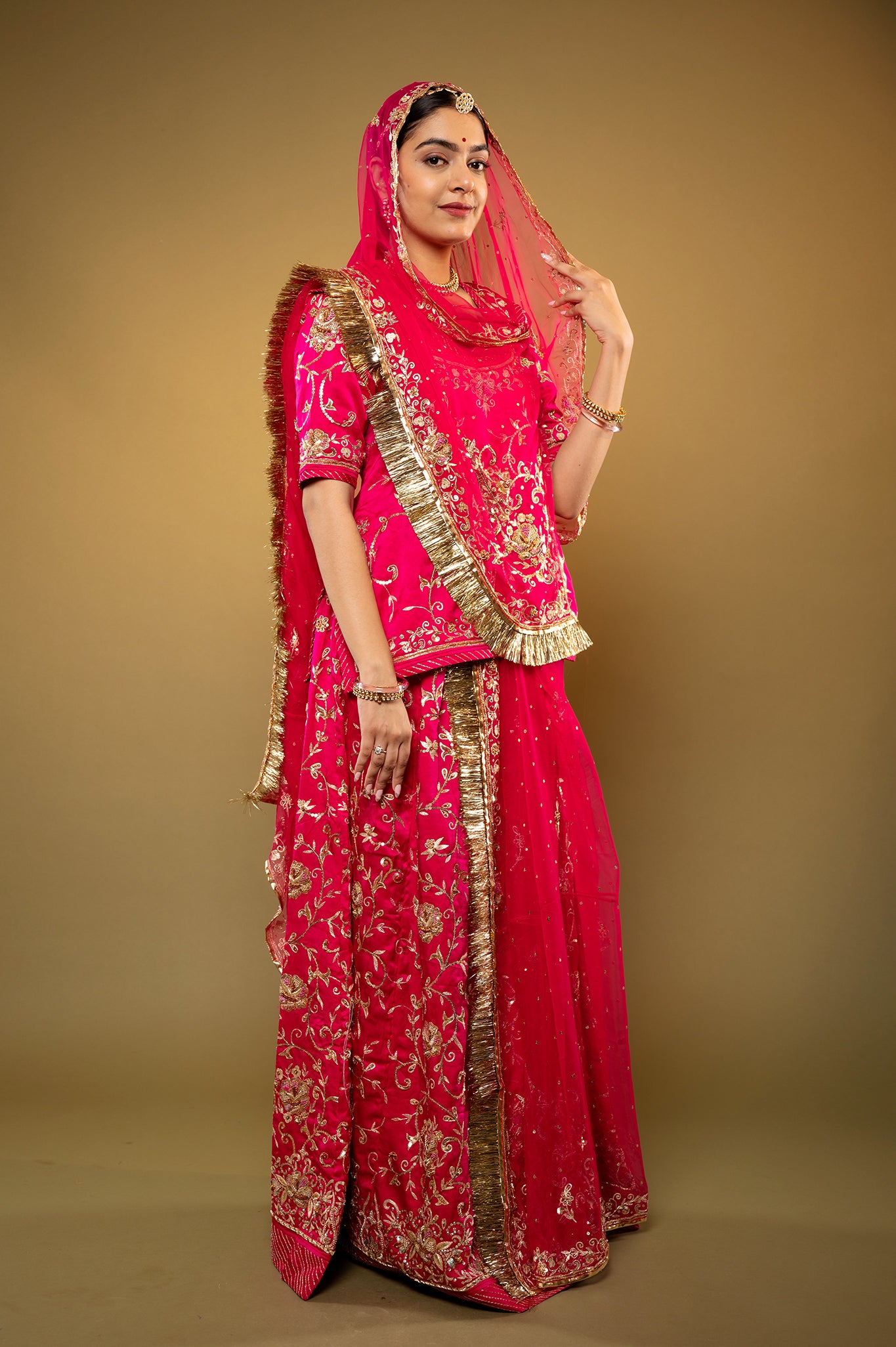 Red Magenta Bamber Satin zardozi handwork rajputi Poshak with Pure odhna