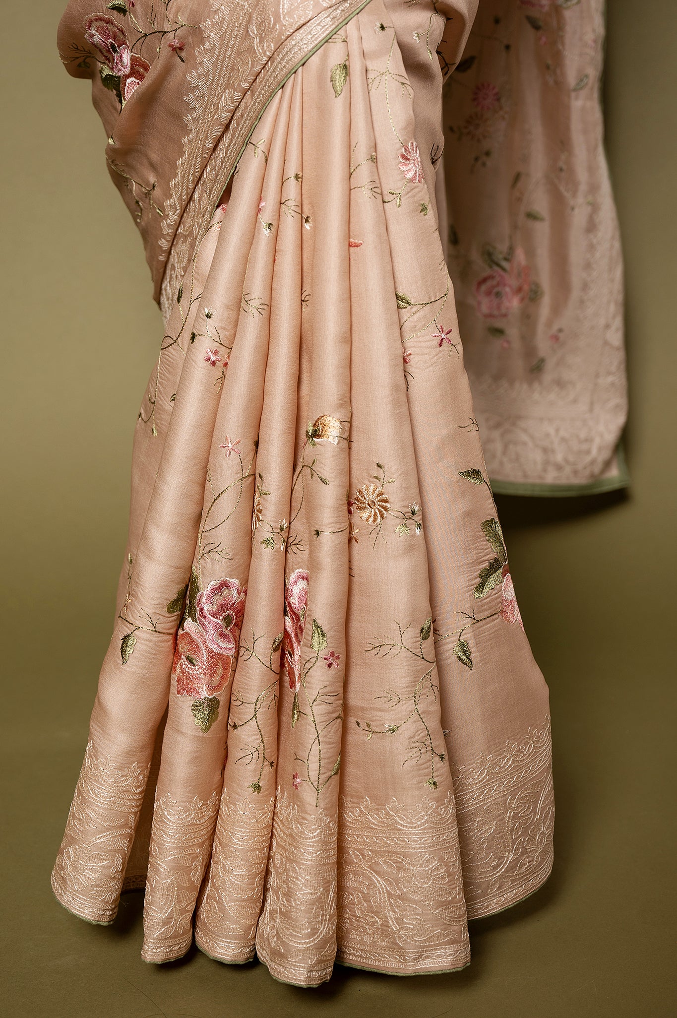 Cream Tashar silk resham jaal handwork saree