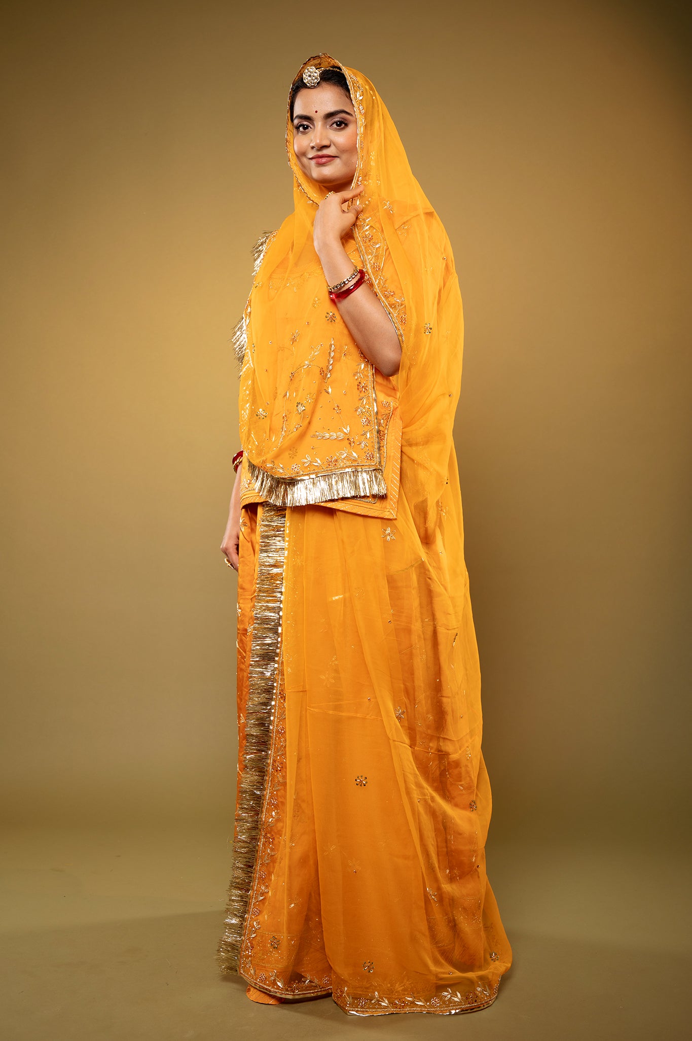 yellow bamber satin zardozi handwork rajputi Poshak with Pure odhna